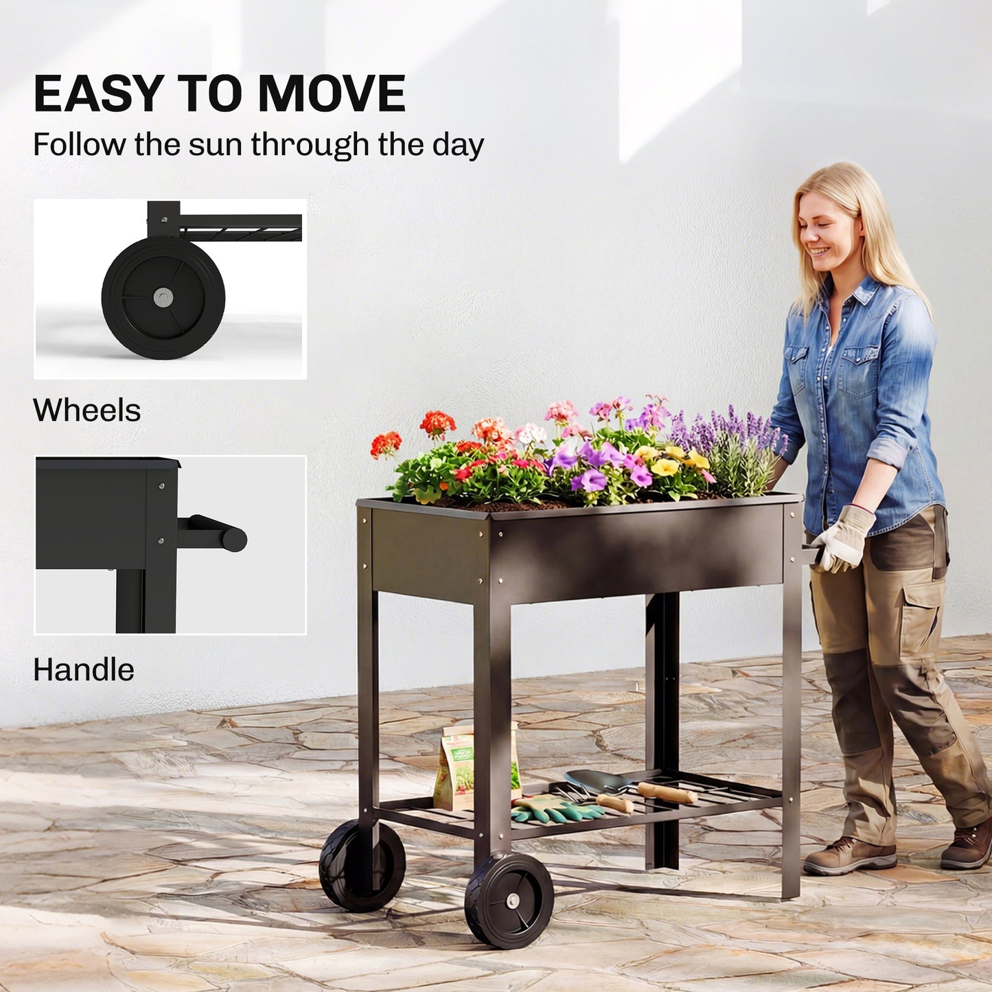Metal Raised Garden Bed, Elevated Planter Box with 2 Wheels, Handle and Shelf, 31.5" Tall Raised Planter