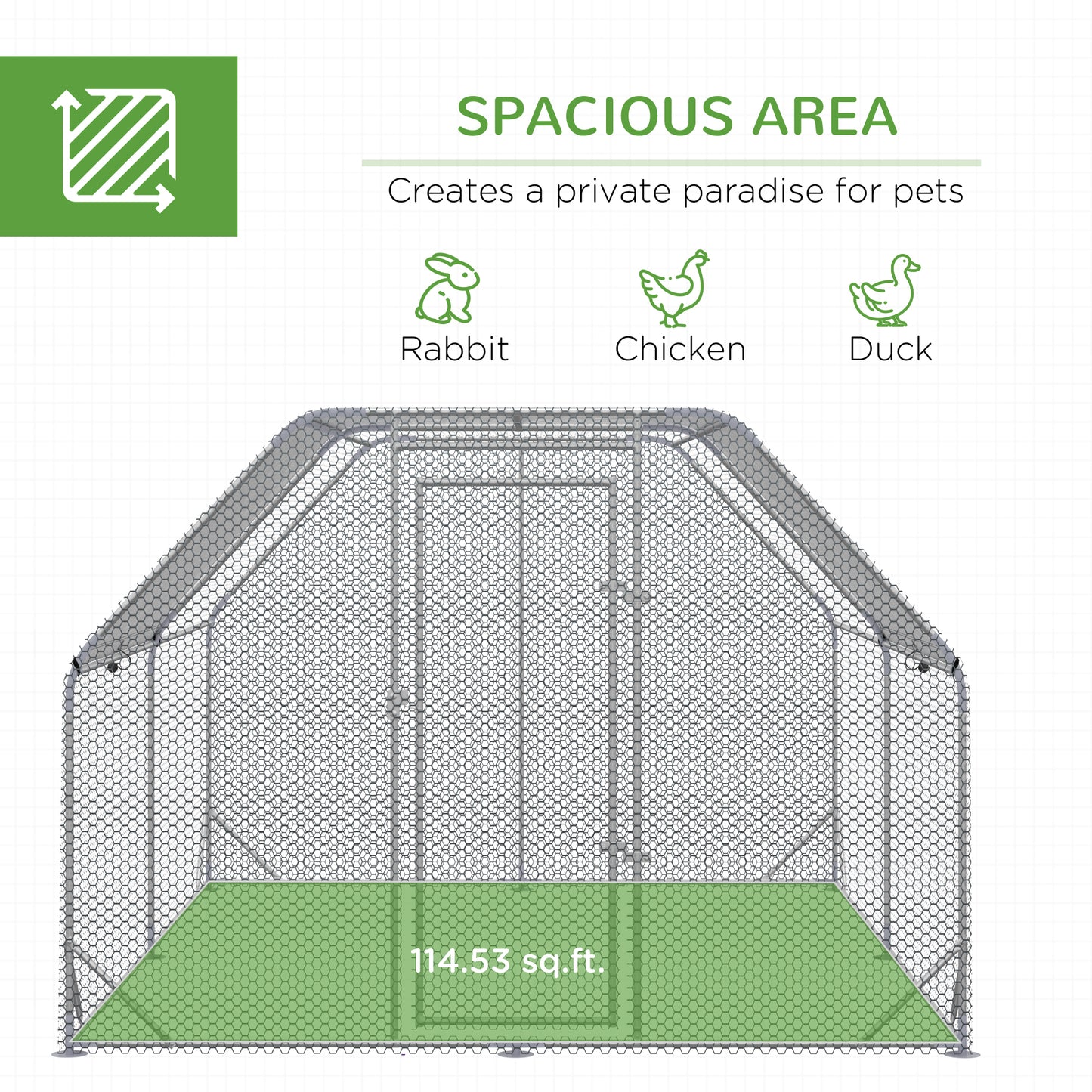 Chicken Run, Galvanized Large Metal Chicken Coop Cage, Walk-in Enclosure Poultry Hen Run House Playpen Rabbit Hutch with Flat Roof, Cover, 9.2' x 12.5' x 6.5', Silver