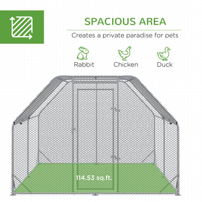 Chicken Run, Galvanized Large Metal Chicken Coop Cage, Walk-in Enclosure Poultry Hen Run House Playpen Rabbit Hutch with Flat Roof, Cover, 9.2' x 12.5' x 6.5', Silver