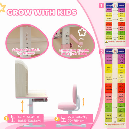 Qaba Kids Desk and Chair Set with Tilt Desktop, Adjustable Height, Drawer and Shelves for Boys Girls Ages 3-12, Pink