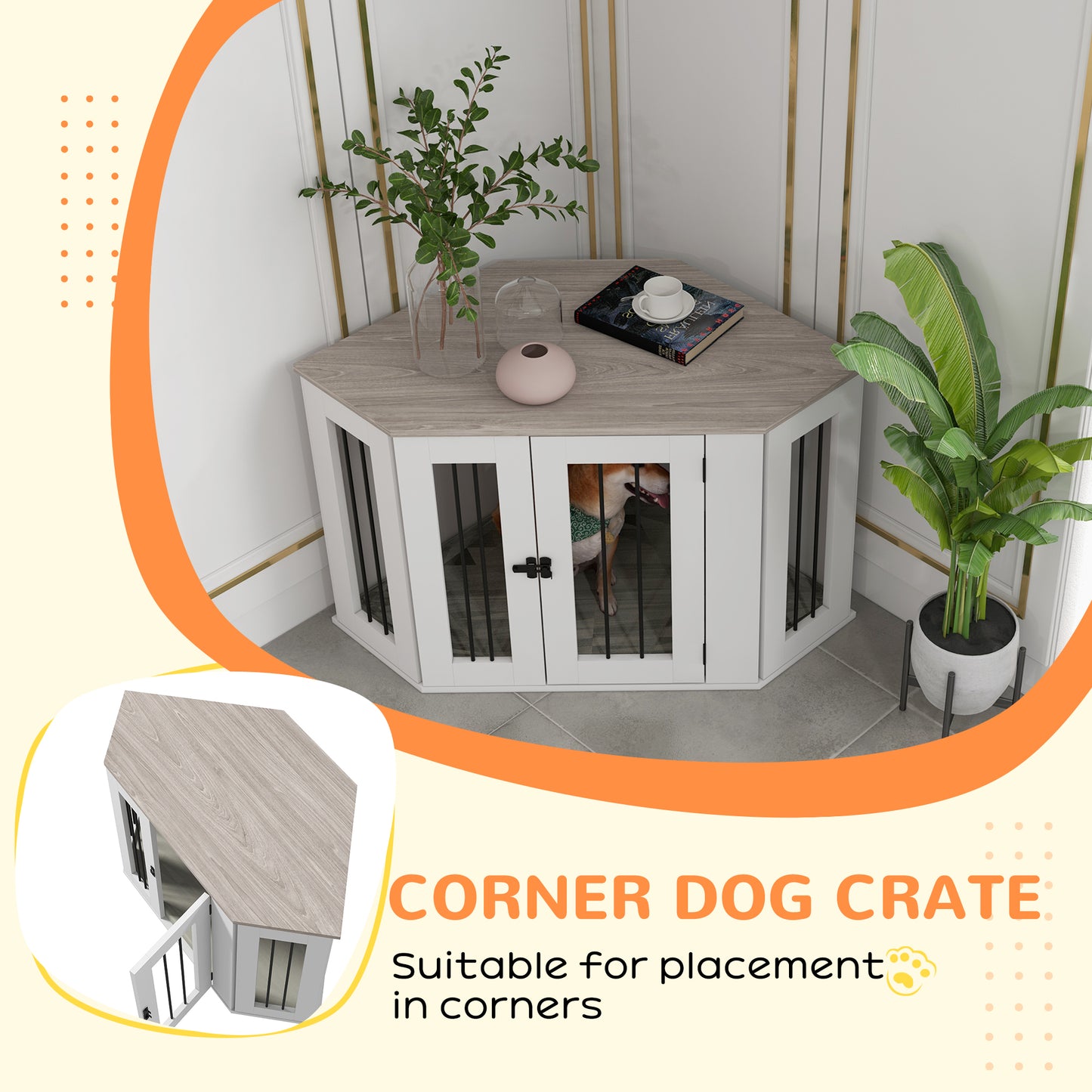 Dog Crate Furniture with Cushion, 41 Inch Corner Design Dog Crate End Table for Medium Dogs, Multi Colour