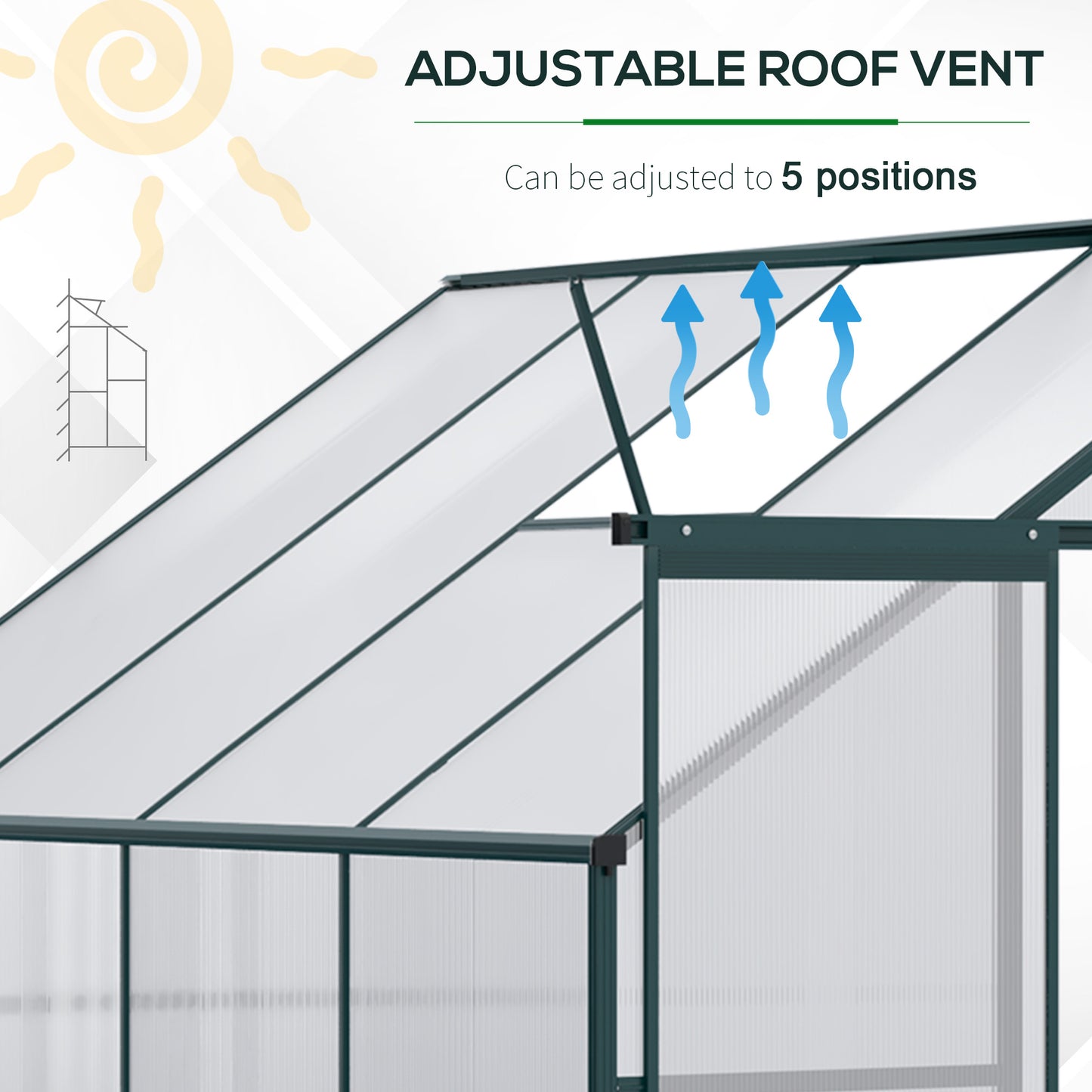 Walk-In Garden Greenhouse Aluminum Polycarbonate with Roof Vent for Plants Herbs Vegetables 8' x 4' x 7' Silver