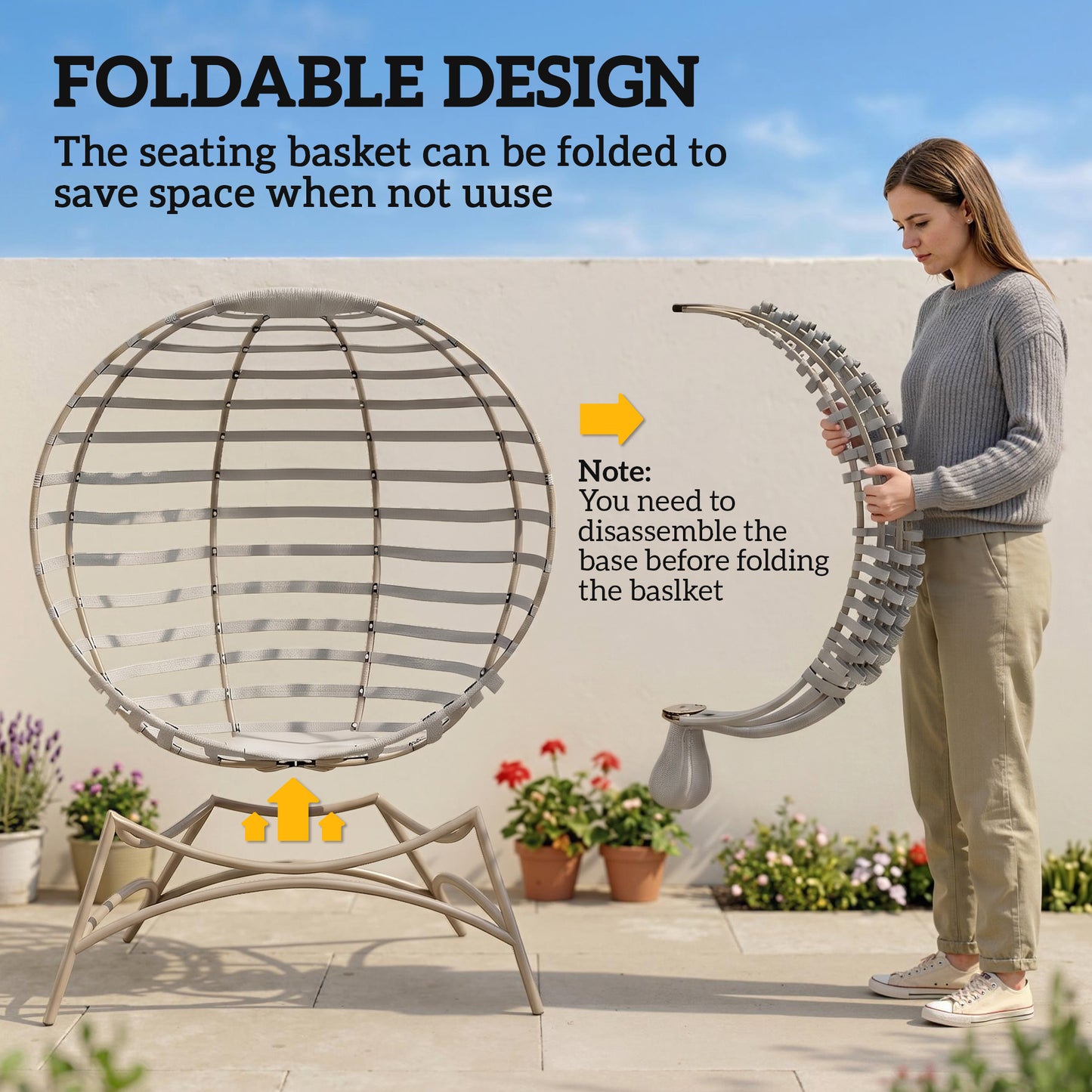 Egg Chair, Patio Lounge Chair, Foldable Basket Chair with Large Seat Cushion, Side Pocket, Light Grey