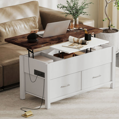 Lift Top Coffee Table, Center Table with 3 Hidden Compartments, 2 Fabric Drawers, Expandable Top and Charging Station