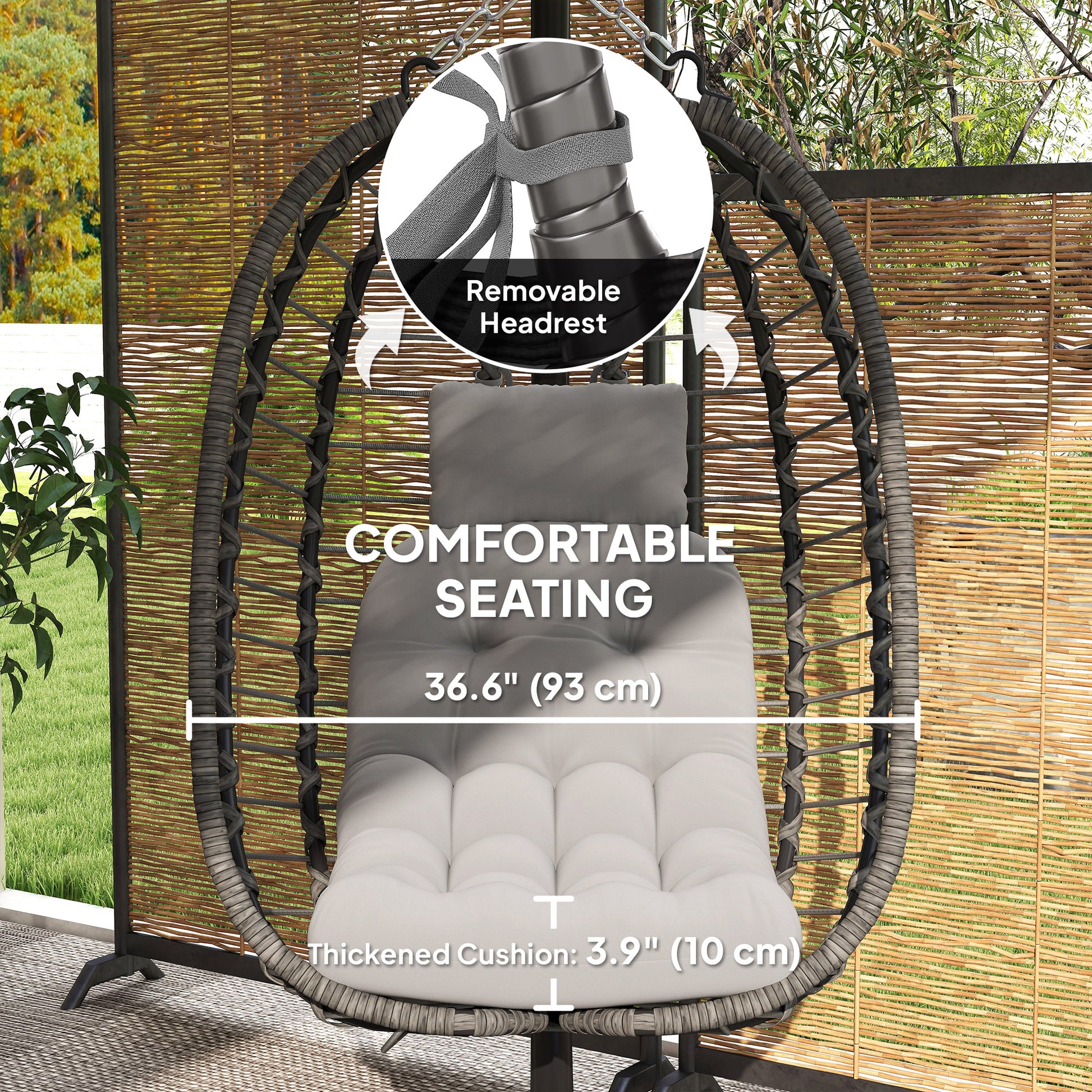Hanging Egg Chair with Stand, Foldable Wicker Rattan Swing Chair with Thick Cushion, Headrest, Light Grey