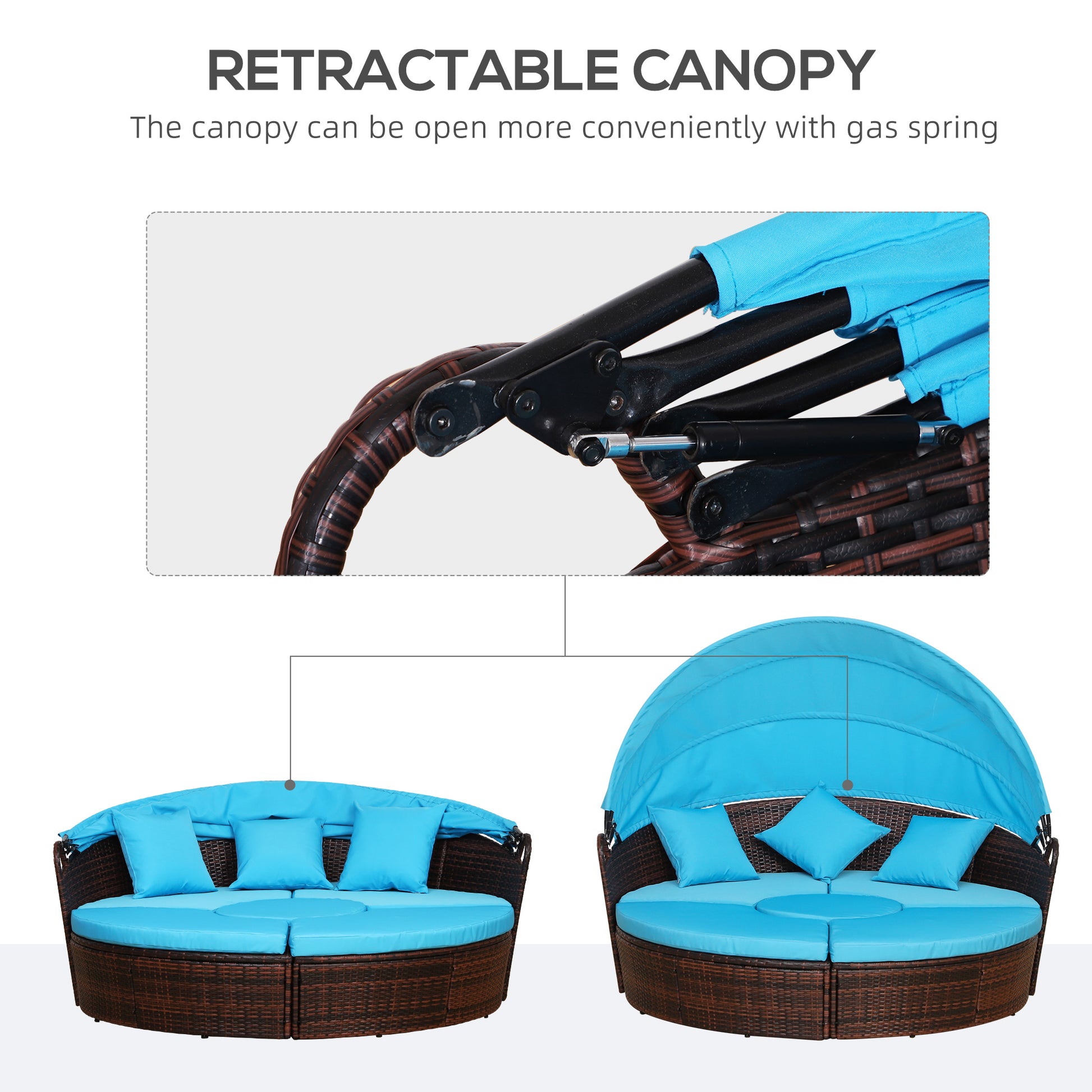 4 Pieces Outdoor Daybed with Retractable Canopy, PE Rattan Wicker Round Sofa Day Bed, Patio Sectional Conversation Furniture Set with Cushions and Pillows, Light Blue