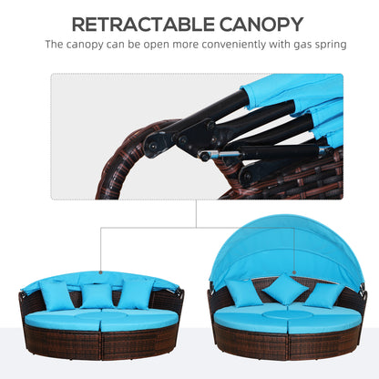 4 Pieces Outdoor Daybed with Retractable Canopy, PE Rattan Wicker Round Sofa Day Bed, Patio Sectional Conversation Furniture Set with Cushions and Pillows, Light Blue
