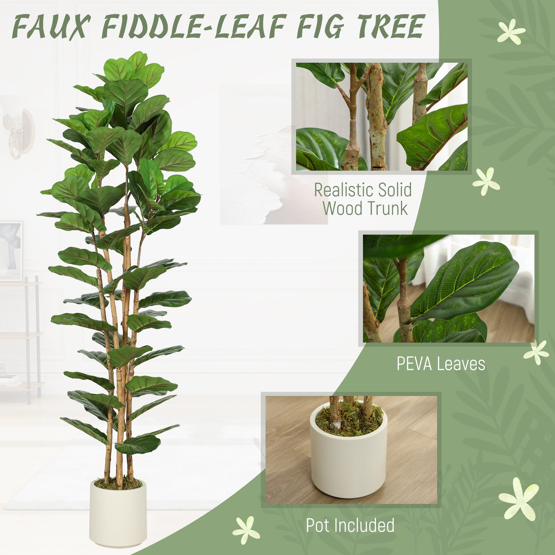 6FT Artificial Fiddle Leaf Fig Tree, Fake Potted Tree with Solid Wood Trunks and Lifelike Leaves for Indoor Decor, Green