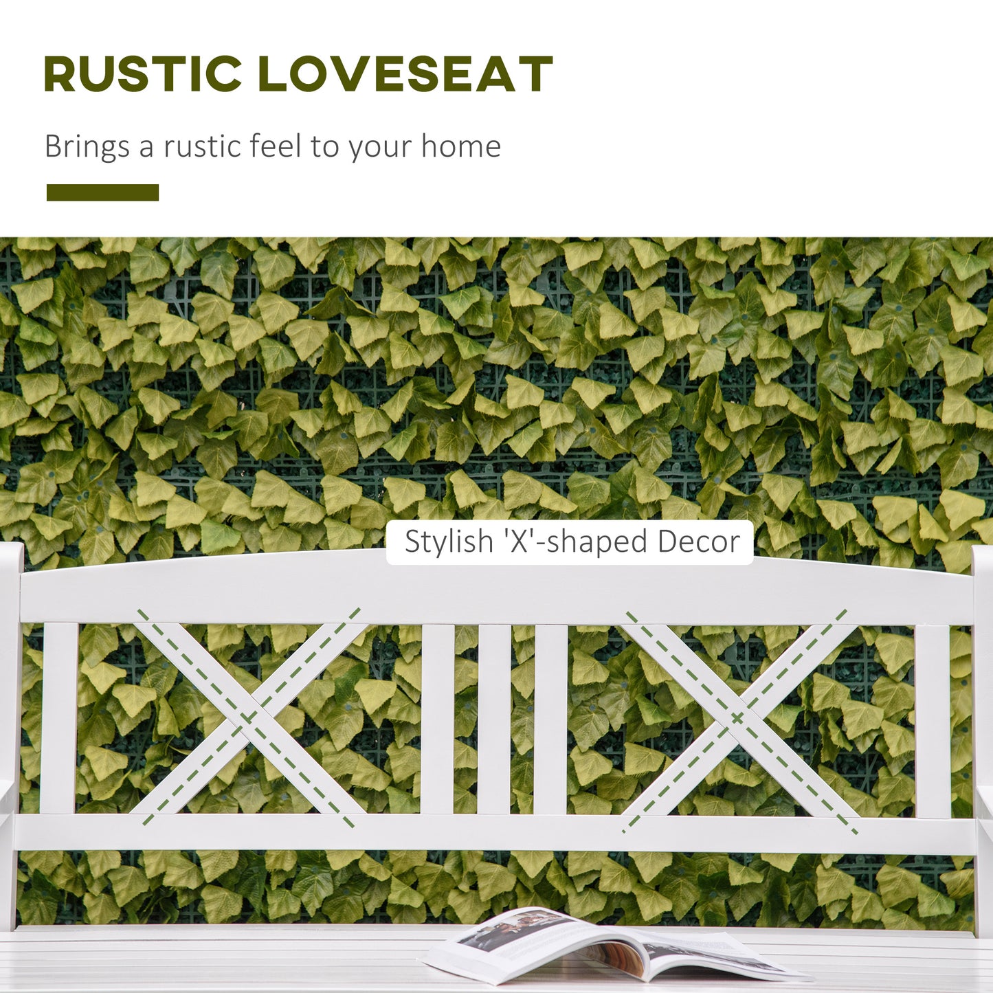 2-Seater Wooden Garden Bench, 4FT Outdoor Patio Loveseat with Unique X-Shape Back for Yard, Lawn, Porch, White
