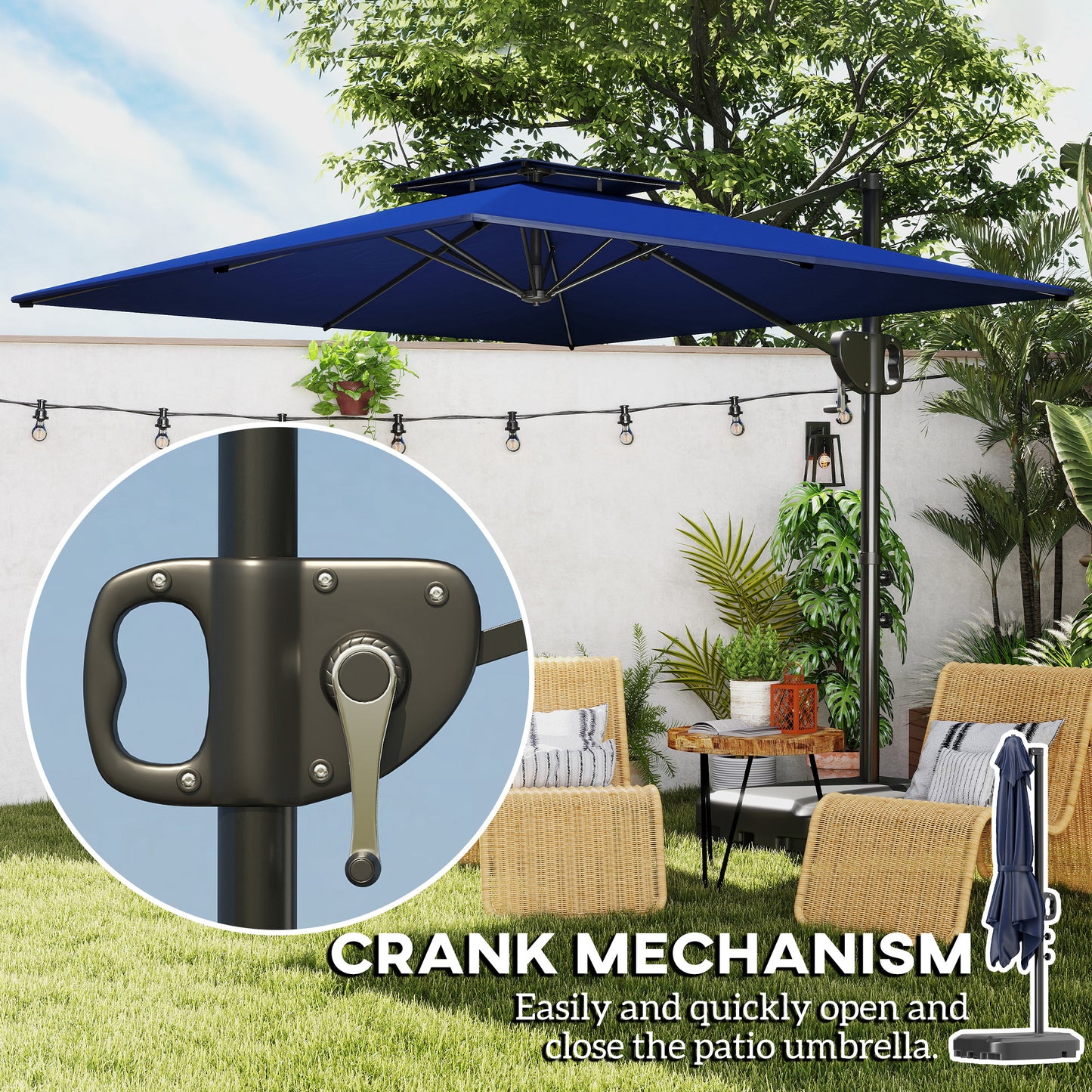 Square Cantilever Patio Umbrella, Double Top Patio Hanging Offset Umbrella with Crank & Tilt, 8' x 9', Dark Blue
