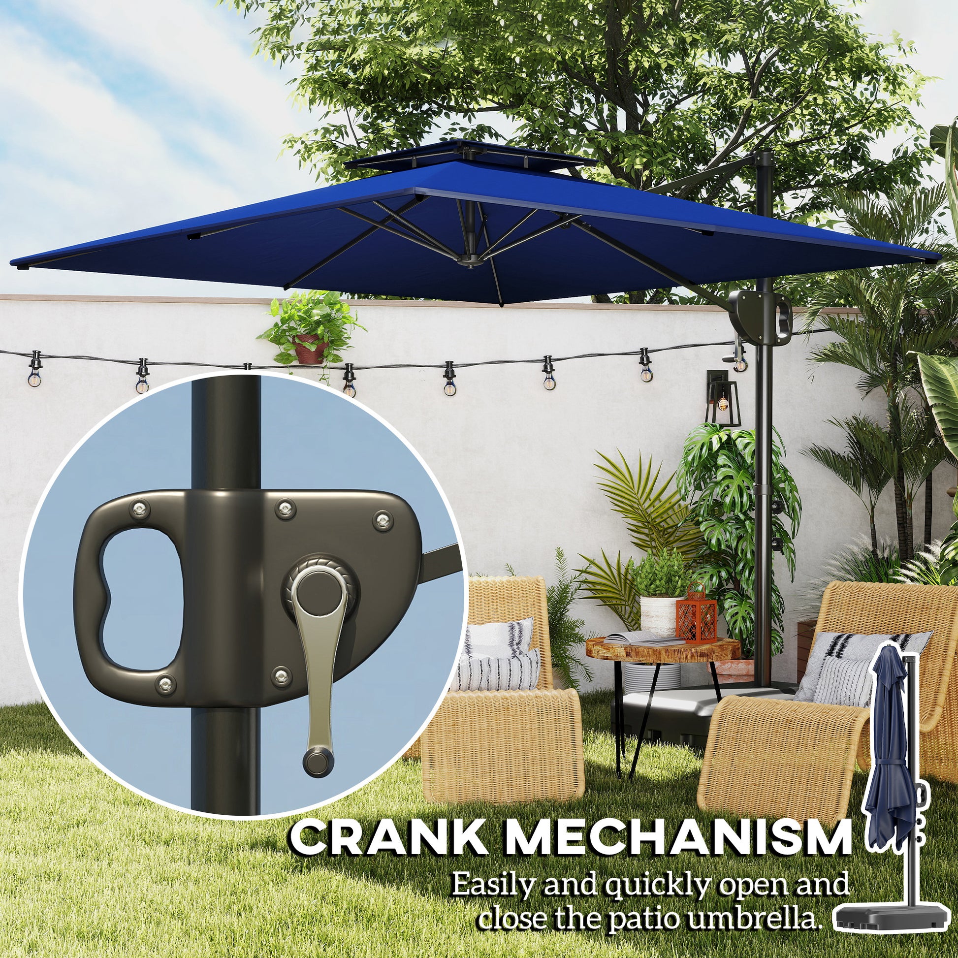 Square Cantilever Patio Umbrella, Double Top Patio Hanging Offset Umbrella with Crank & Tilt, 8' x 9', Dark Blue