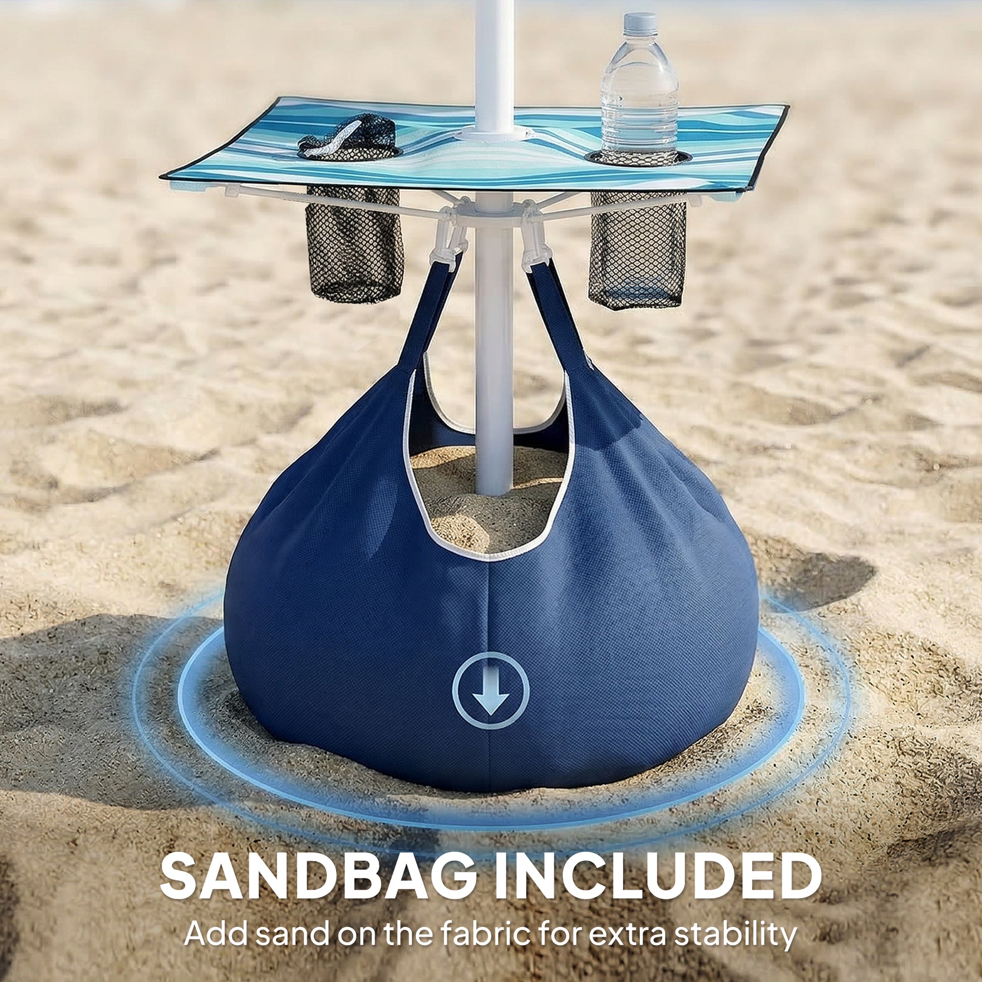 6 ft Portable Beach Umbrella with Foldable Table, Tilting Outdoor Sun Shade with Sand Anchor, Sandbag, Dark Blue