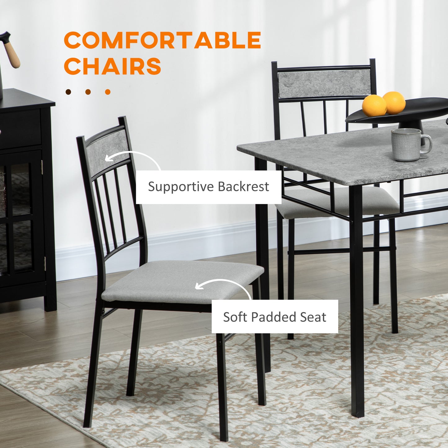 5 Pieces Diner Tables Dining Room Sets for 4 People with Marble Effect Tabletop Padded Chairs and Metal Frame Grey