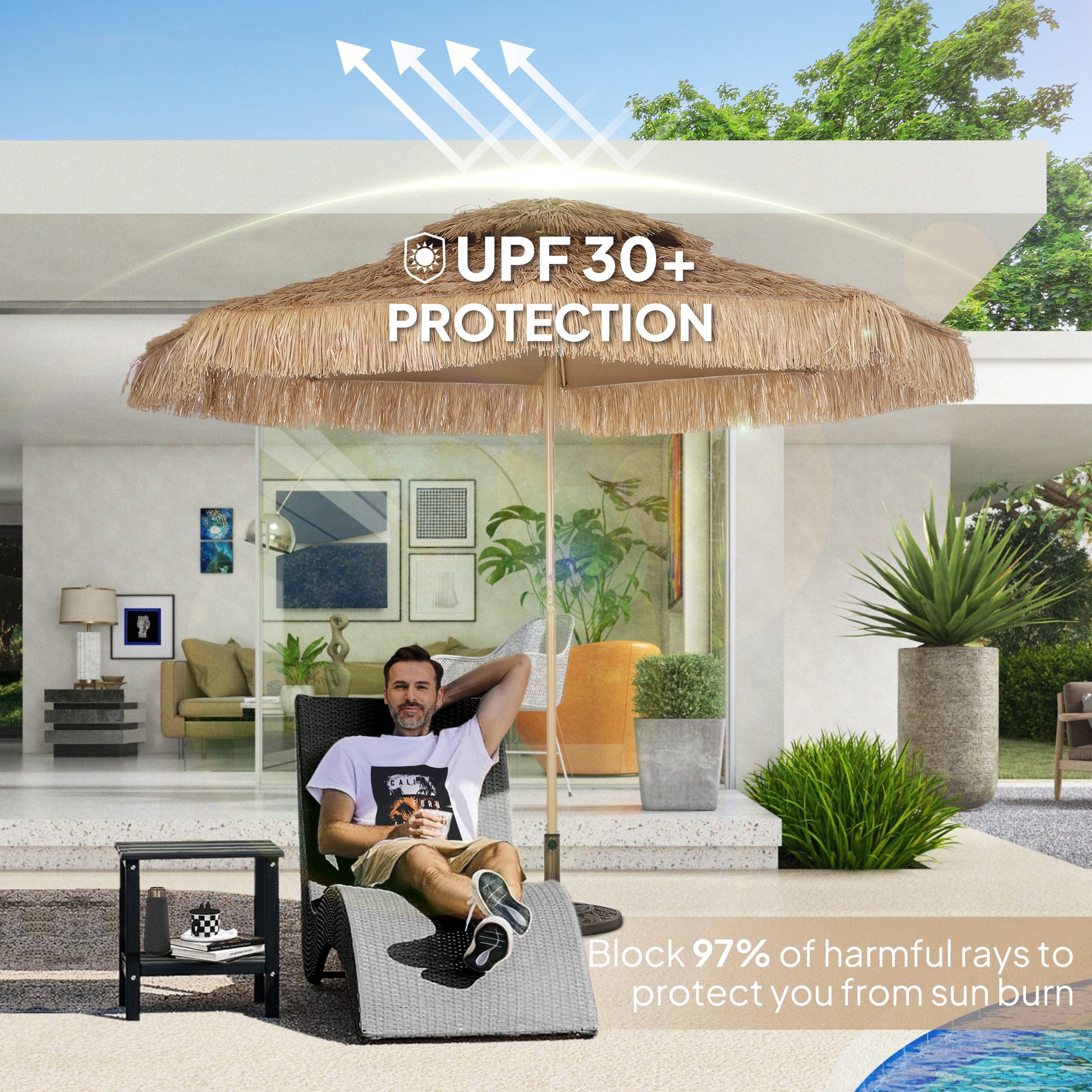 10 ft. Hula Thatched Tiki Patio Outdoor Umbrella with 8 Ribs, UPF30+, for Garden, Backyard, Deck, Pool, Natural
