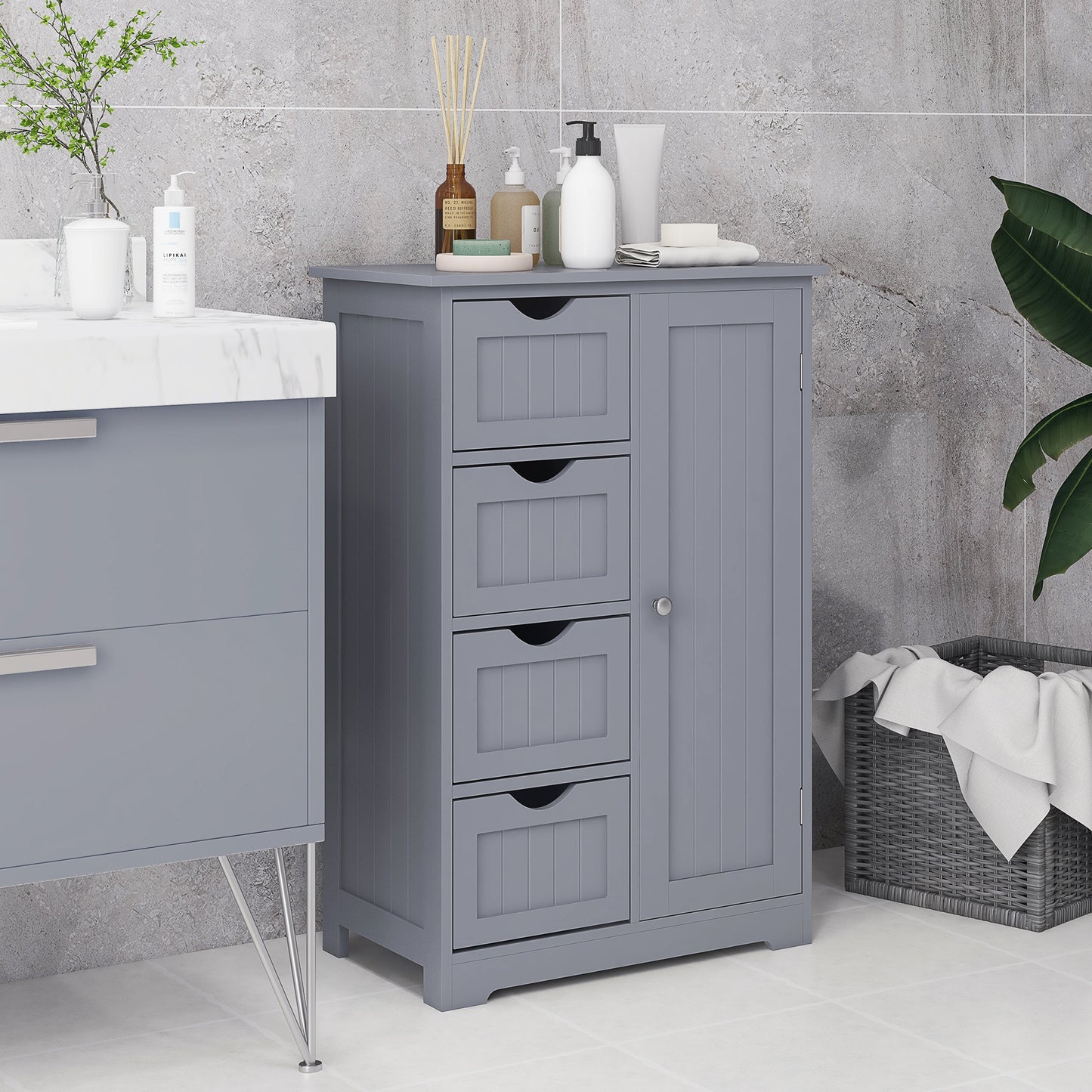 Bathroom Storage Cabinet, Floor Cabinet with Adjustable Shelf and 4 Drawers, Side Cabinet for Washroom, Grey