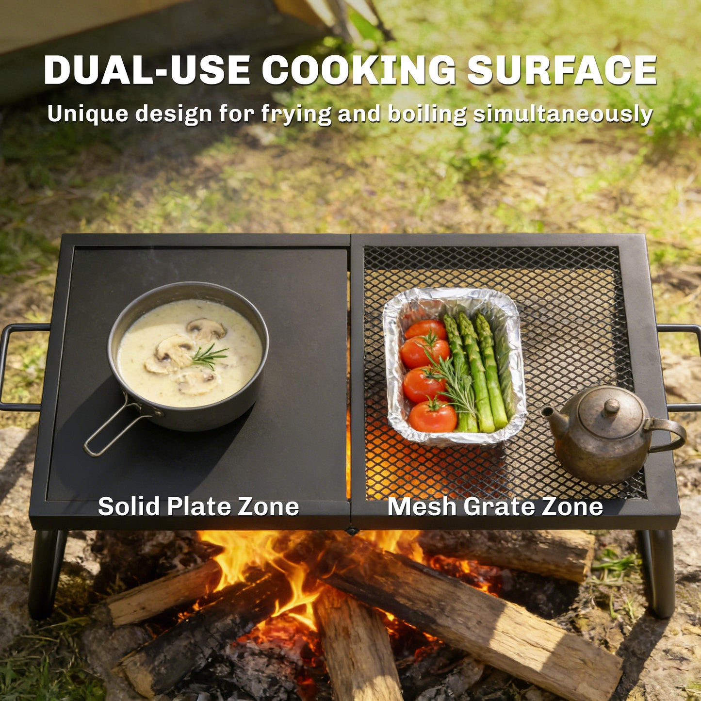 Folding Campfire Grill, Heavy Duty Steel Mesh Grate, Portable Camping Grate with Carry Bag, Black
