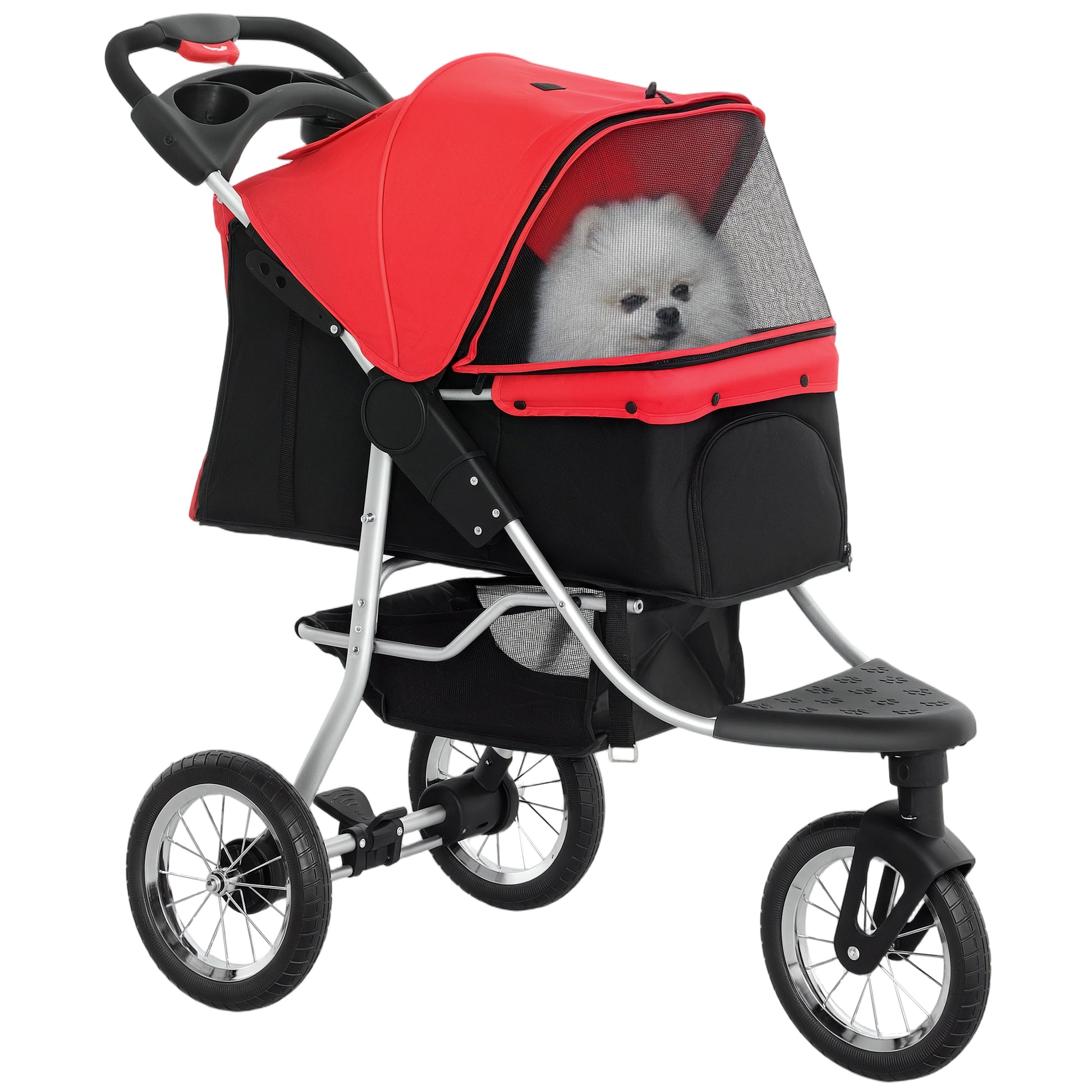 Pet Stroller for Small Dogs, 3 Rubber Wheels Pet Jogger, One-click Easy Folding All-Terrain Dog Stroller, Adjustable Canopy, Zippered Mesh Window Door, Storage Basket, Red