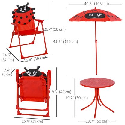 Children Table and Chair Set Outdoor, Kids Folding Picnic Table and Chair Set with Removable & Height Adjustable Sun Umbrella for Garden Backyard, Ladybug Pattern, Red