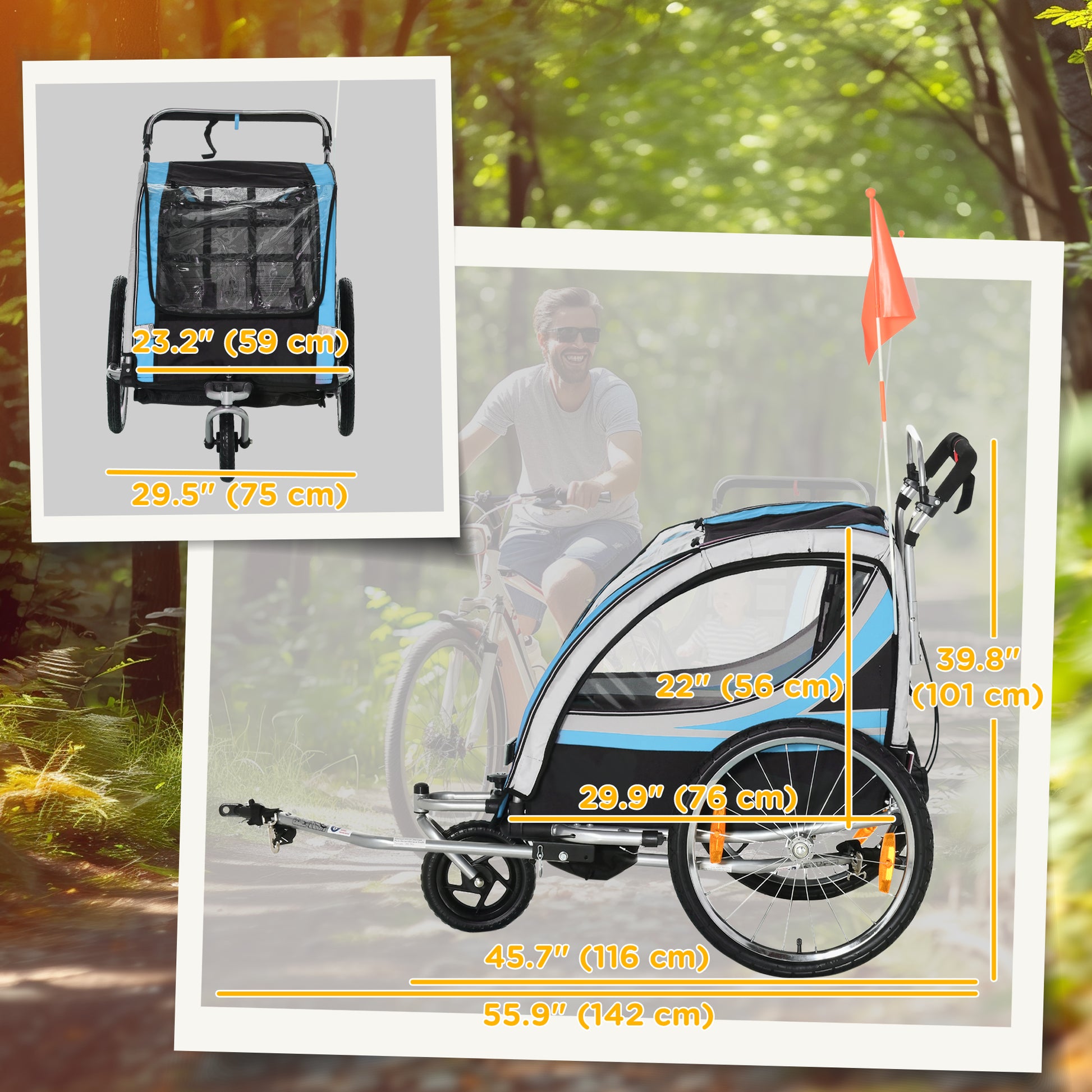 Aosom 2 Seat Bike Trailer for Kids 2-in-1 Double Baby Stroller with Handbrake, Rubber Wheels, 5 Point Harness, Waterproof Cover, Storage Bag, Reflectors, Blue