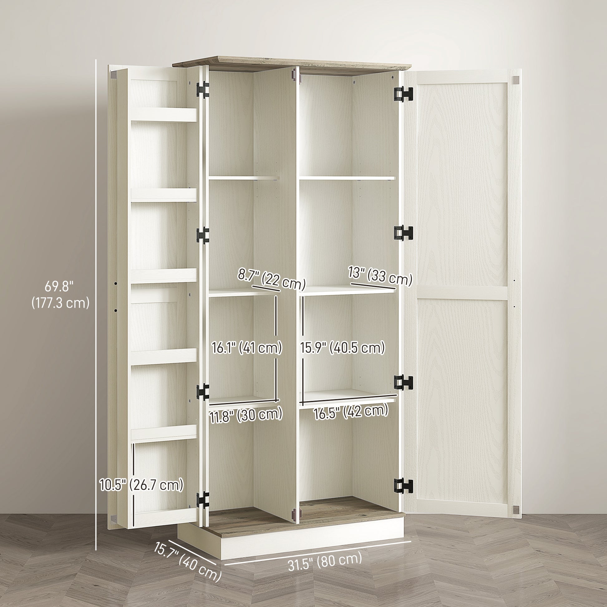 70" Tall Kitchen Pantry Cabinet with Door Shelves and Adjustable Shelves, Cream White