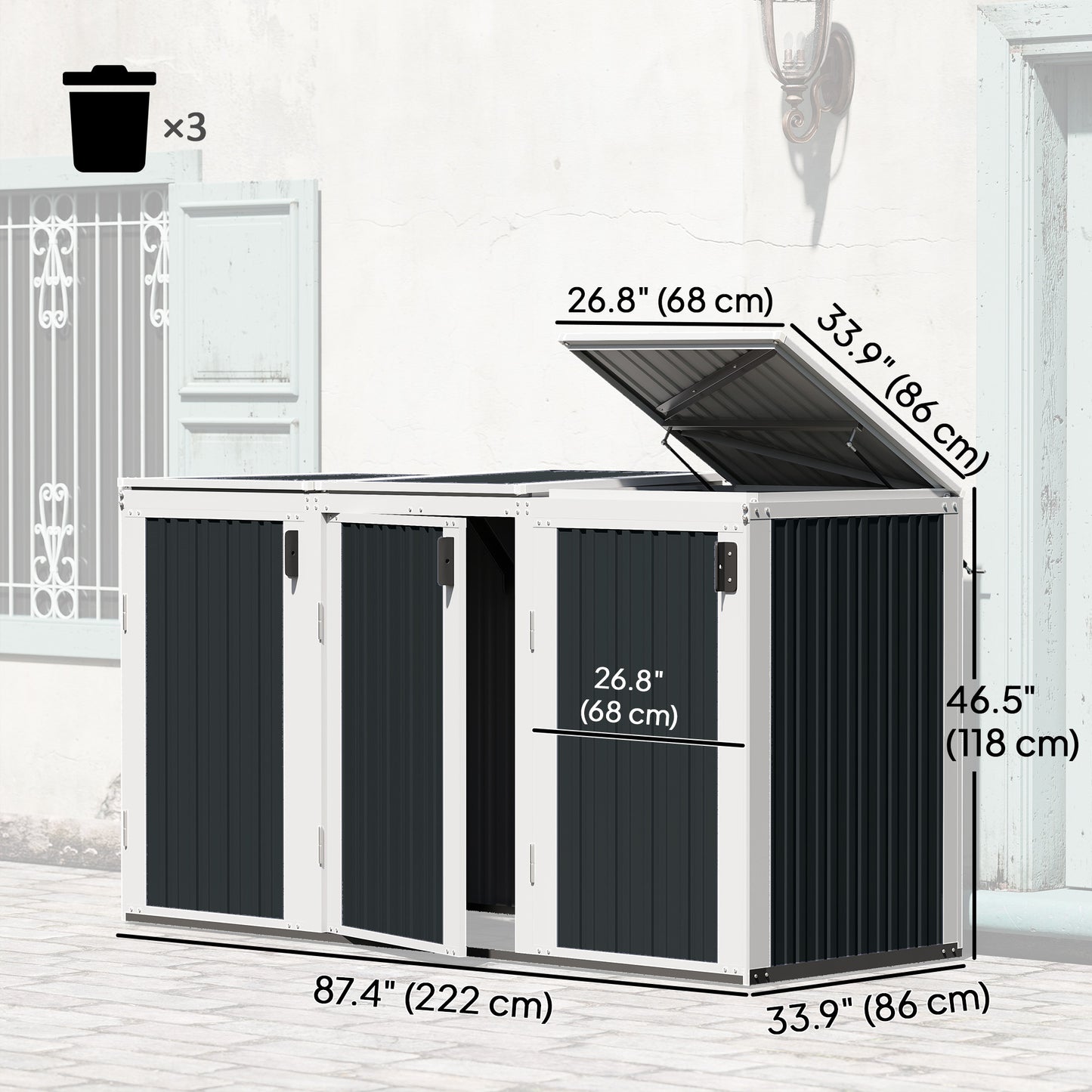 Outdoor Storage Shed Rustproof Garbage Bin Shed with Gas Struts Magnetic Doors for 3 Bins White and Grey