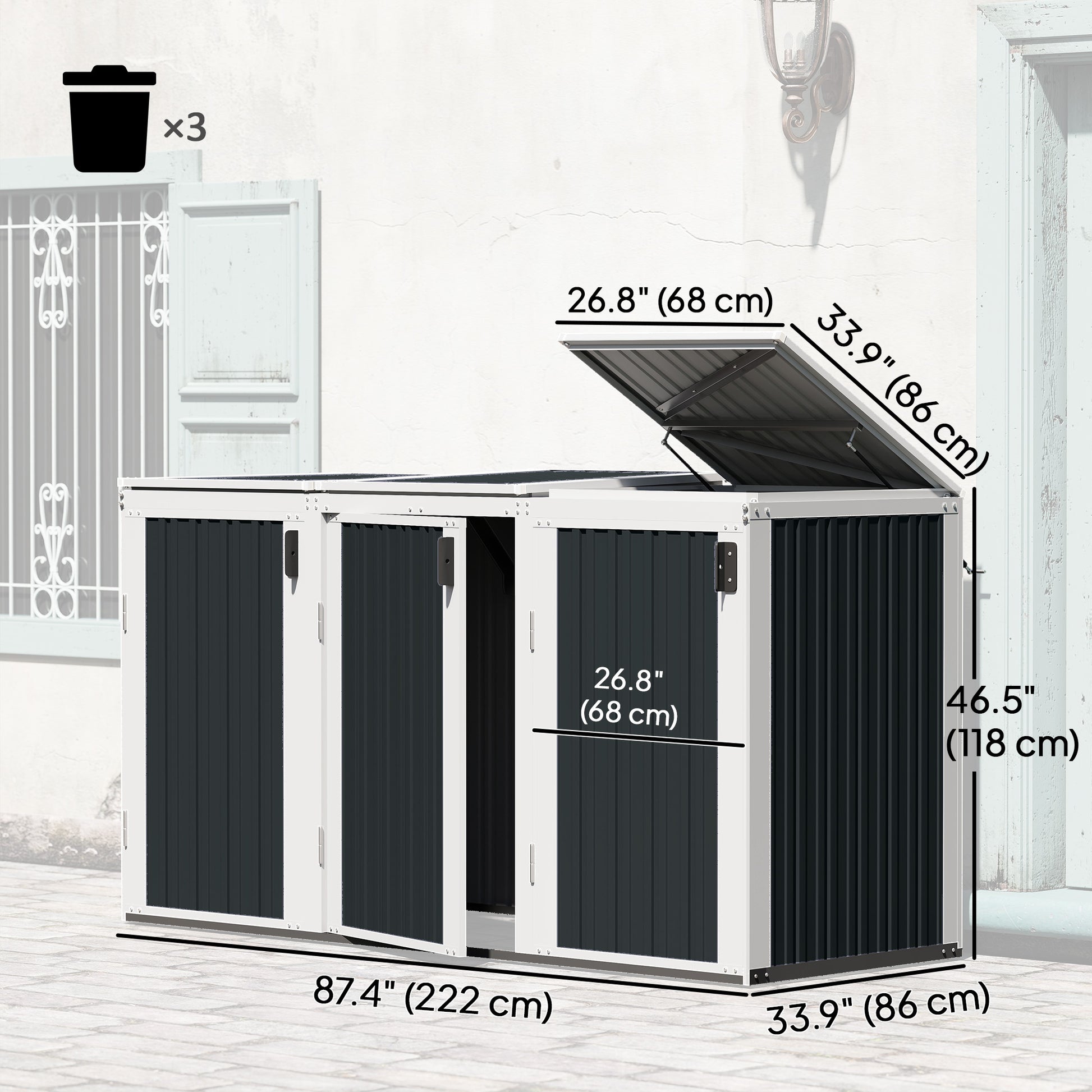 Outdoor Storage Shed Rustproof Garbage Bin Shed with Gas Struts Magnetic Doors for 3 Bins White and Grey