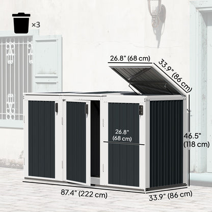 Outdoor Storage Shed Rustproof Garbage Bin Shed with Gas Struts Magnetic Doors for 3 Bins White and Grey