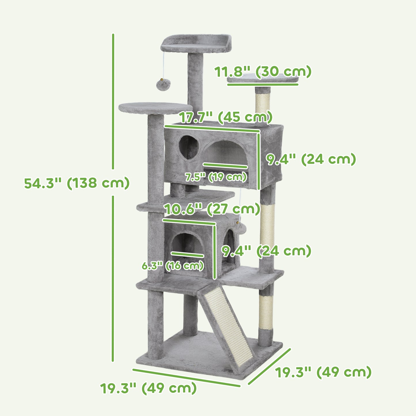 54" Cat Tree, Multi-Level Cat Tower with Scratching Posts, Cat Condos, Bed, Platforms, Ramp, Toy Ball, Light Grey