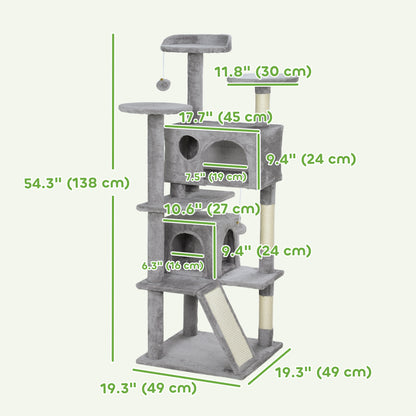54" Cat Tree, Multi-Level Cat Tower with Scratching Posts, Cat Condos, Bed, Platforms, Ramp, Toy Ball, Light Grey