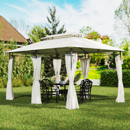 10' x 13' Double Roof Patio Gazebo, Outdoor Gazebo with Curtains, for Garden, Lawn, Backyard and Deck, Cream White