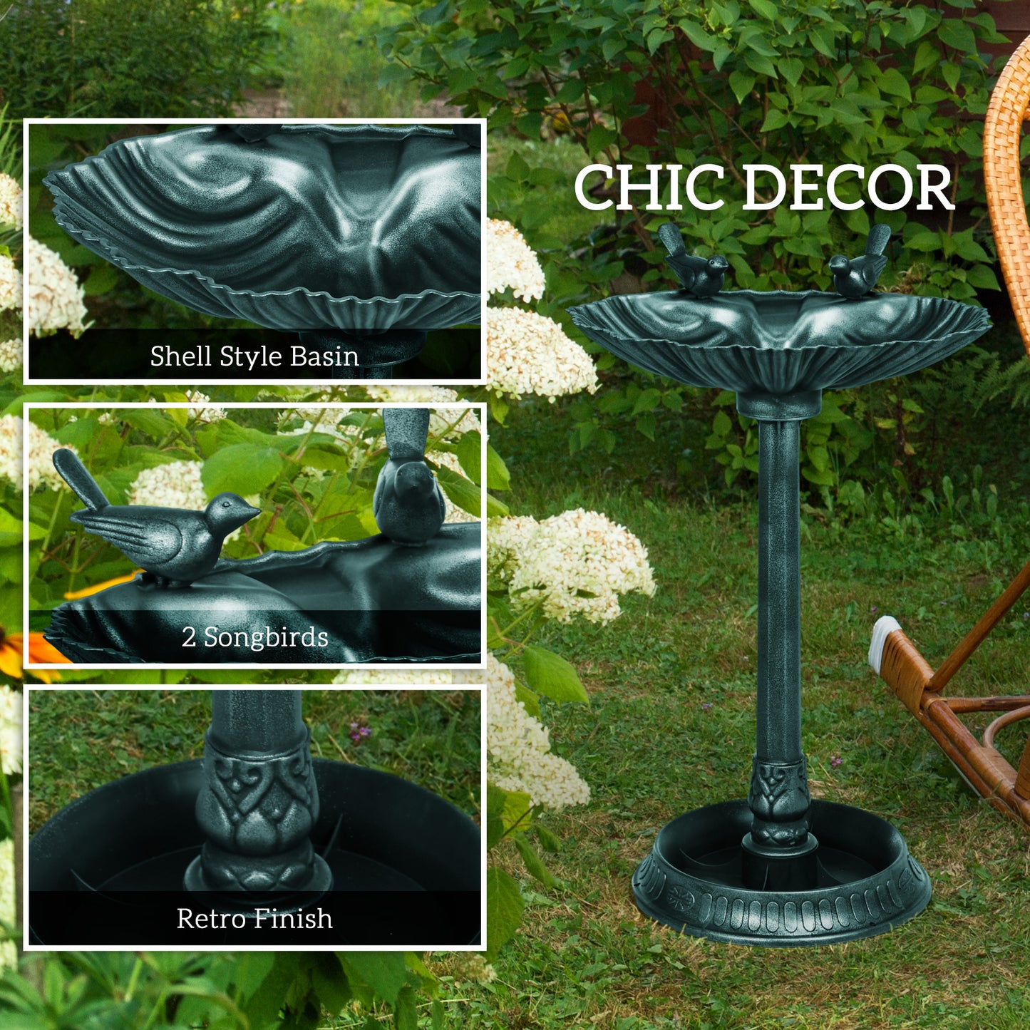 32" Bird Bath with Decorative Birds, Vintage Birdbath with Flower Planter Base for Garden, Bronze Green