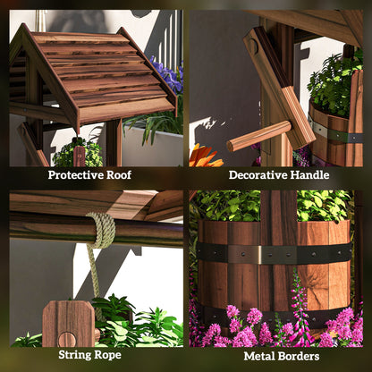 Wood Wishing Well Outdoor Wooden Planter with Hanging Bucket and Drainage Hole for Garden, Patio, Backyard, Tan