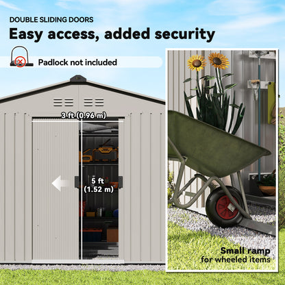 9.1' x 6.4' x 6.3' Garden Storage Shed w/ Foundation Kit Metal Tool Storage House w/ Double Doors Grey