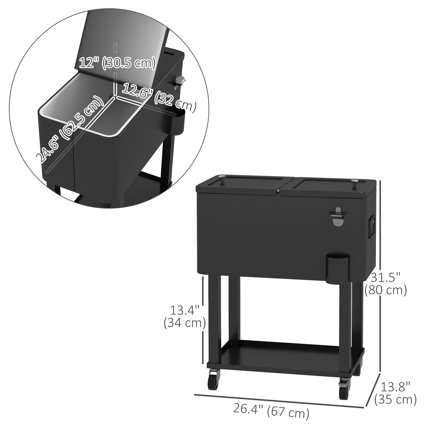 60 Quart Rolling Outdoor Cooler, Portable Rolling Patio Cooler Cart with Locking Wheels, Storage Shelf, Black