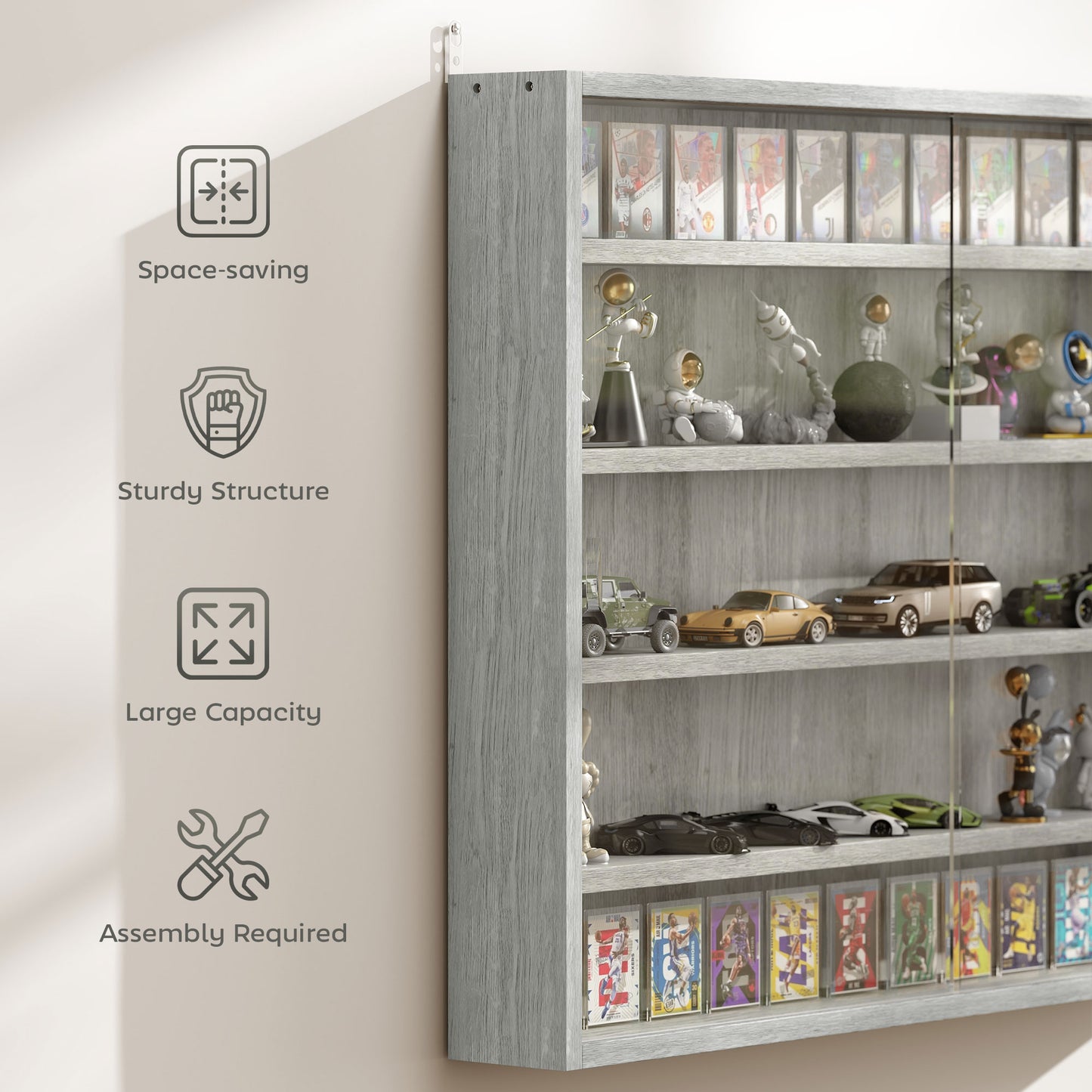 5-Tier Display Cabinet, Shot Glass Display Case, Glass Curio Cabinet with 2 Glass Doors and 4 Adjustable Shelves, Grey