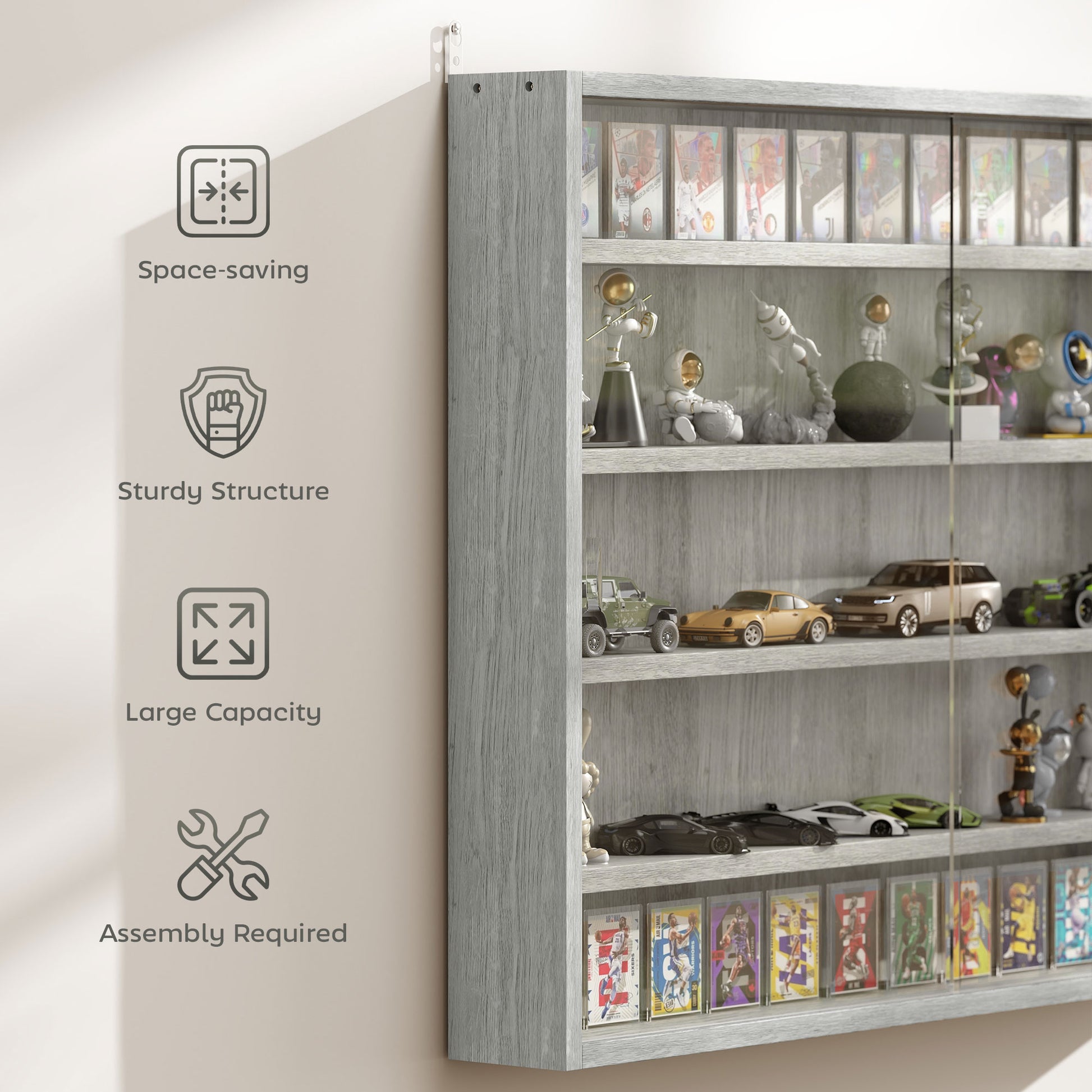 5-Tier Display Cabinet, Shot Glass Display Case, Glass Curio Cabinet with 2 Glass Doors and 4 Adjustable Shelves, Grey