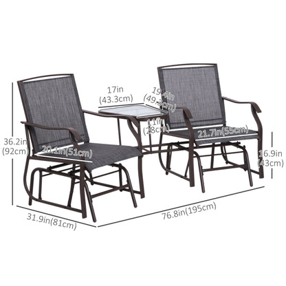 Double Patio Glider Chair with Glass Top Center Table, Outdoor Glider Loveseat with High Back, All Weather Breathable Mesh Fabric for Garden, Backyard, Deck, Grey