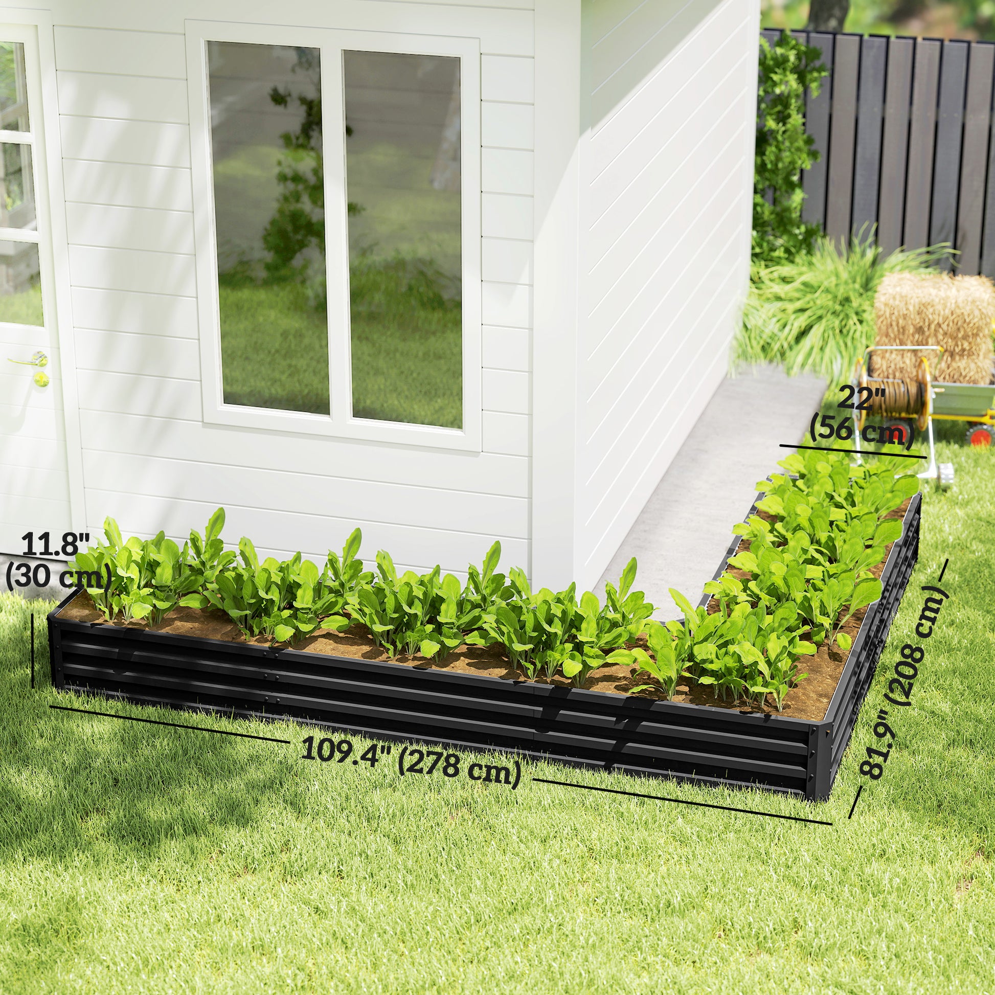 L-Shaped Raised Garden Bed, 82" x 109" x 12" Galvanized Steel Planter Box with Multi-reinforced Rods for Vegetables, Flowers and Herbs, Black