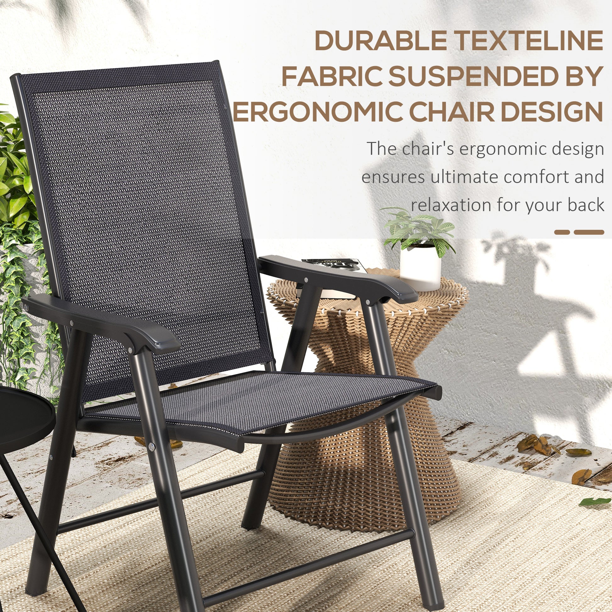 2-Piece Folding Chair Set for Relaxing on Patio Balcony Garden, Comfortable Outdoor Furniture with Armrests, Dark Grey