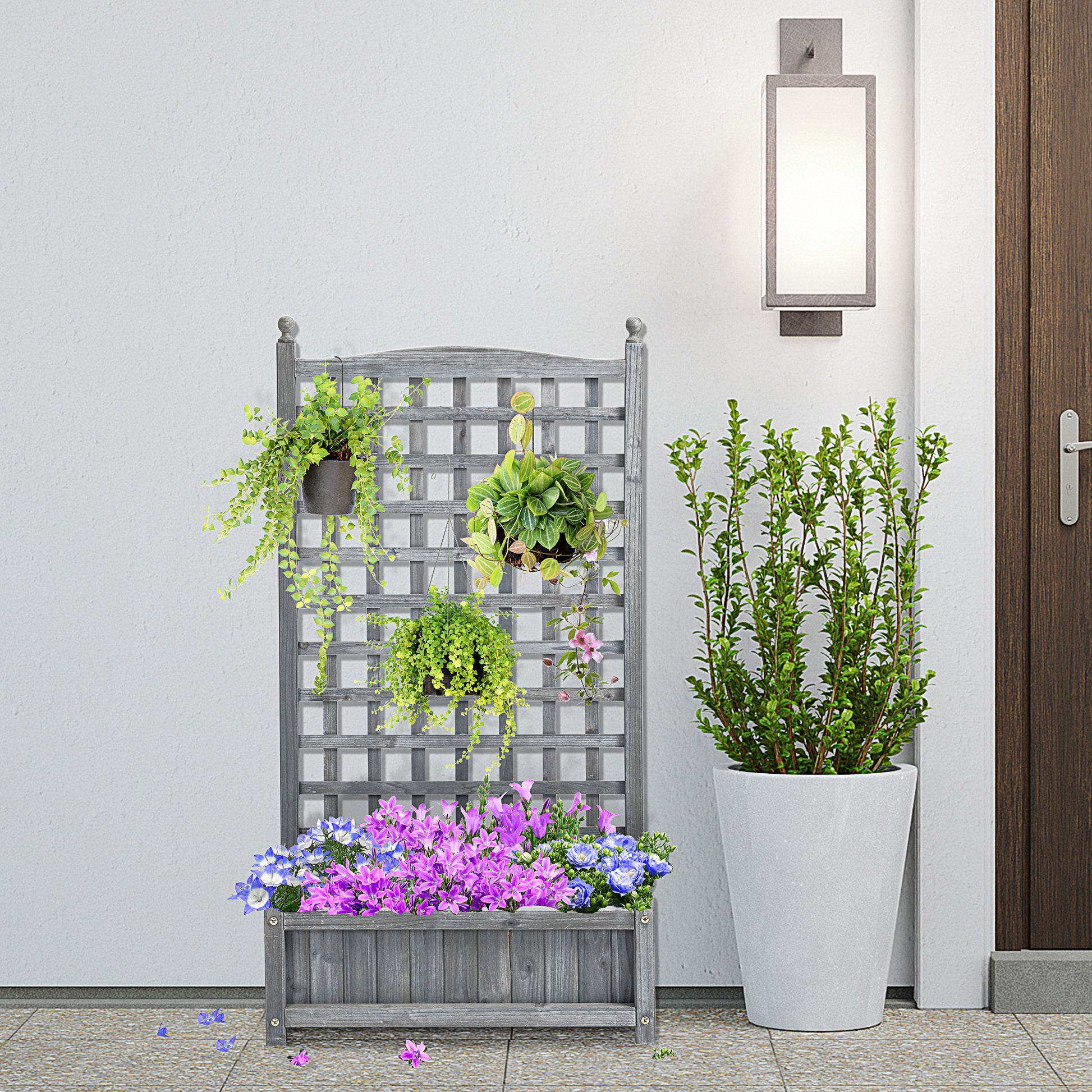 Raised Garden Bed with Trellis for Climbing Vines, 25.2" x 11" x 47.2" Wood Planter Box for Garden, Free Standing Flower Bed, Indoor Outdoor Display Rack, Grey
