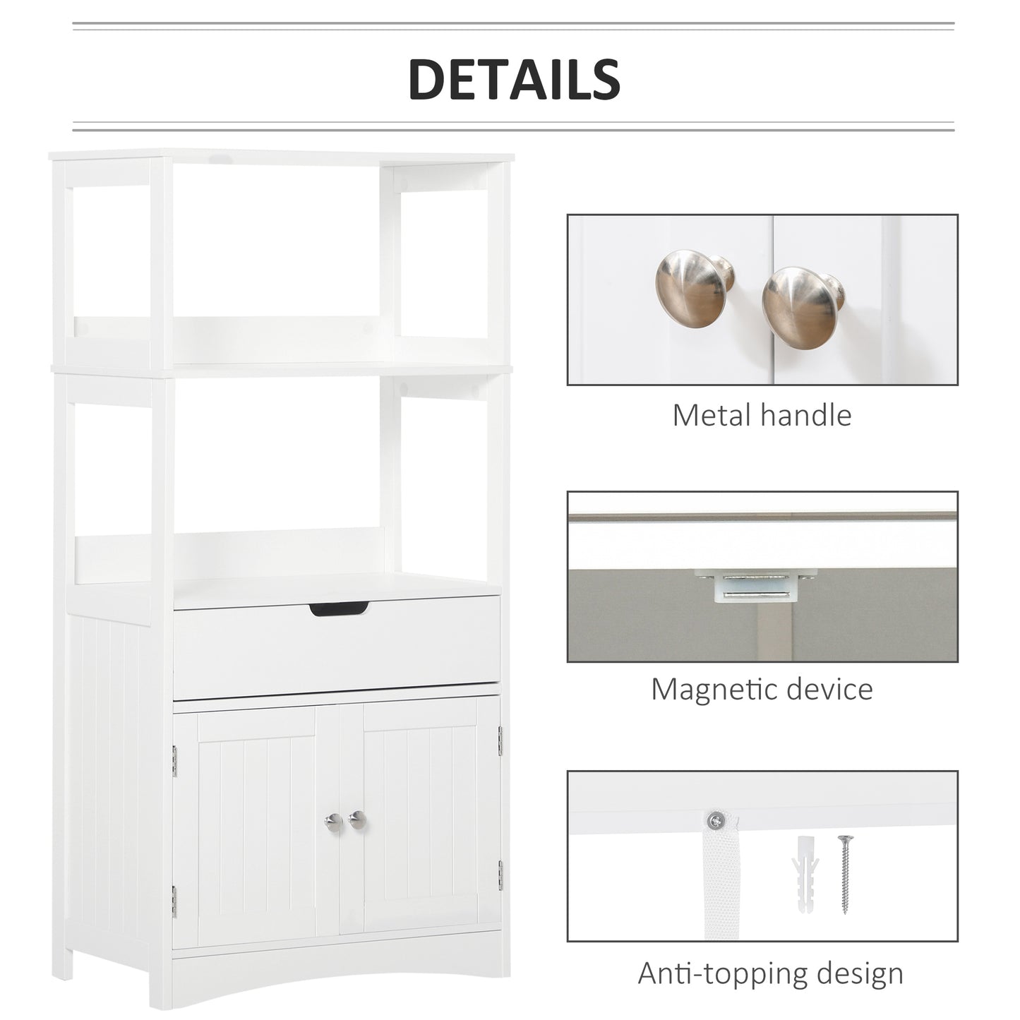 Bathroom Floor Cabinet, Free Standing Kitchen Cabinet with Shelves, Drawer and Doors, for Living Room, White