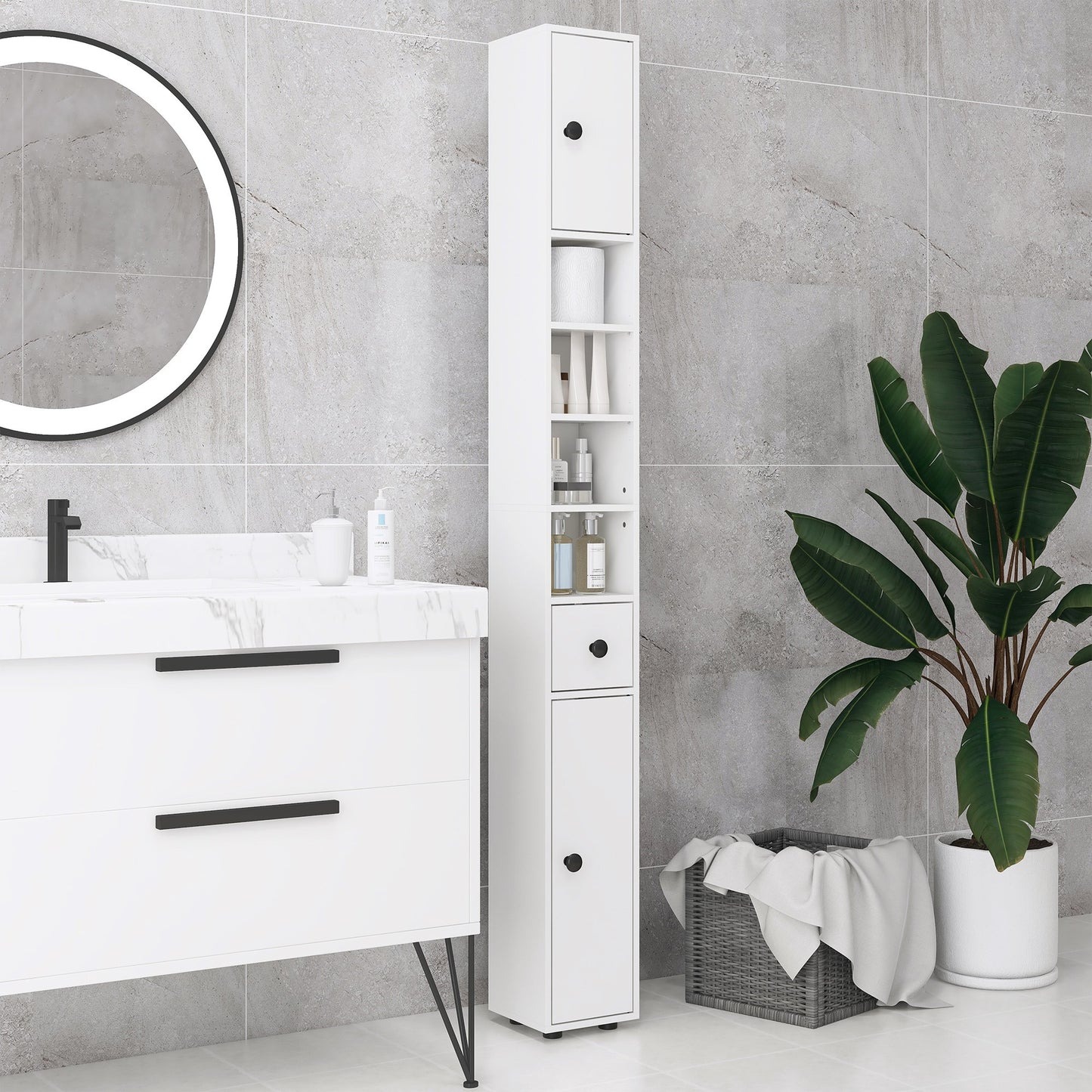 71" Tall Bathroom Storage Cabinet, Narrow Bathroom Cabinet with Open Shelves, 2 Door Cabinets, Adjustable Shelves, for Kitchen, Hallway, Living Room, White