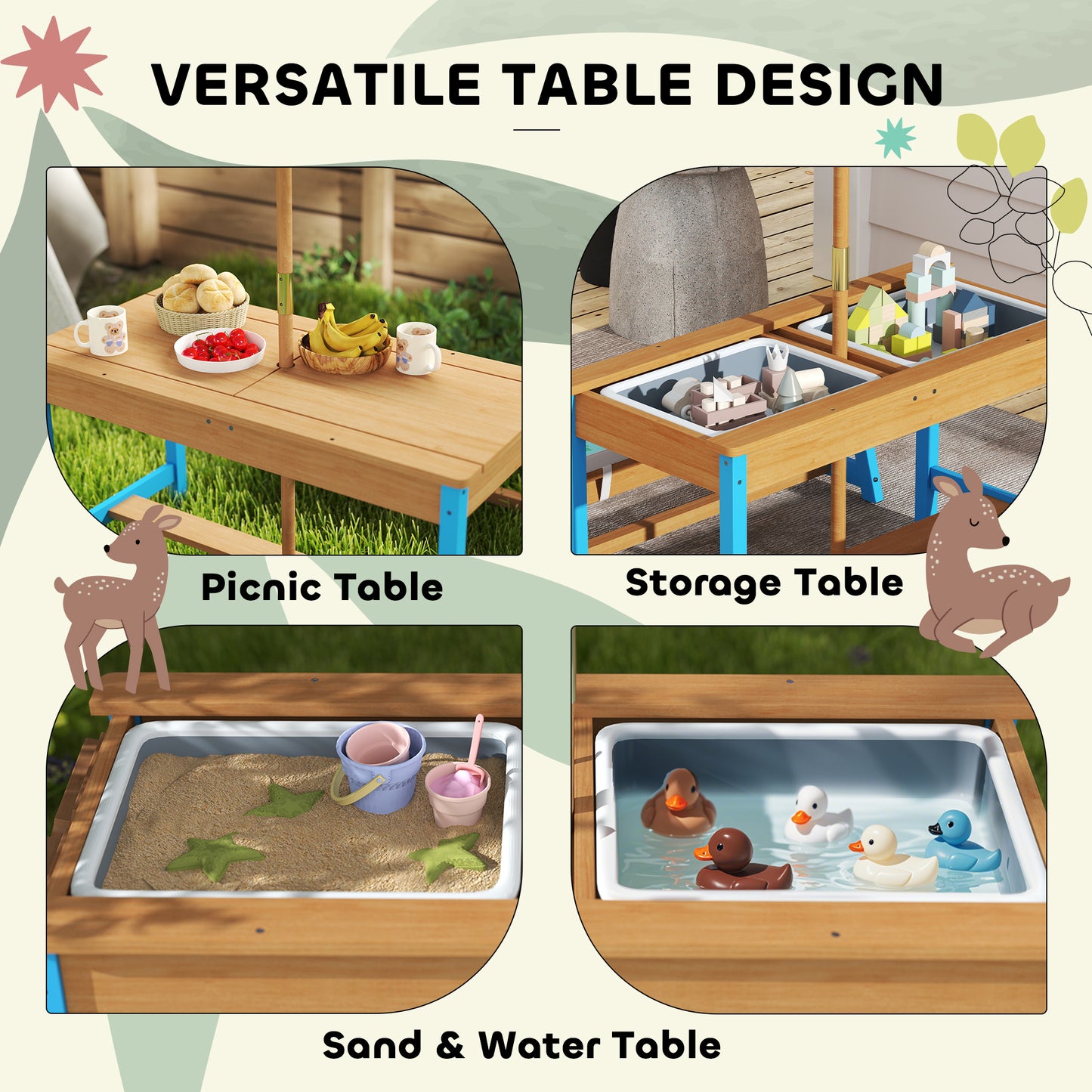 Qaba Kids Picnic Table and Bench Set with Removable Umbrella, Cushions & Boxes, Dinosaur Theme for Outdoor, Blue