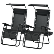 2 Piece Foldable Lounge Chair with Canopy Shade, Outdoor Zero Gravity Chair w/ Side Tray & Cup Holder, Reclining Lounger w/ Breathable Mesh Fabric Seat, Pillow, Black