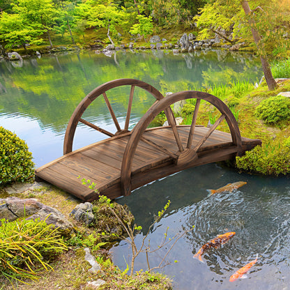 3.3ft Wooden Garden Bridge Arc Stained Finish Walkway with Half Wheeled Railings, Stained Wood