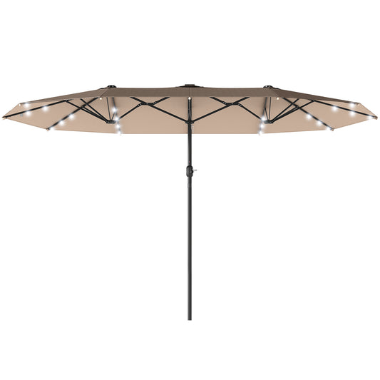 174" Double-Sided Sun Umbrella Garden Parasol Patio Sun Shade Outdoor with LED Solar Light, Khaki