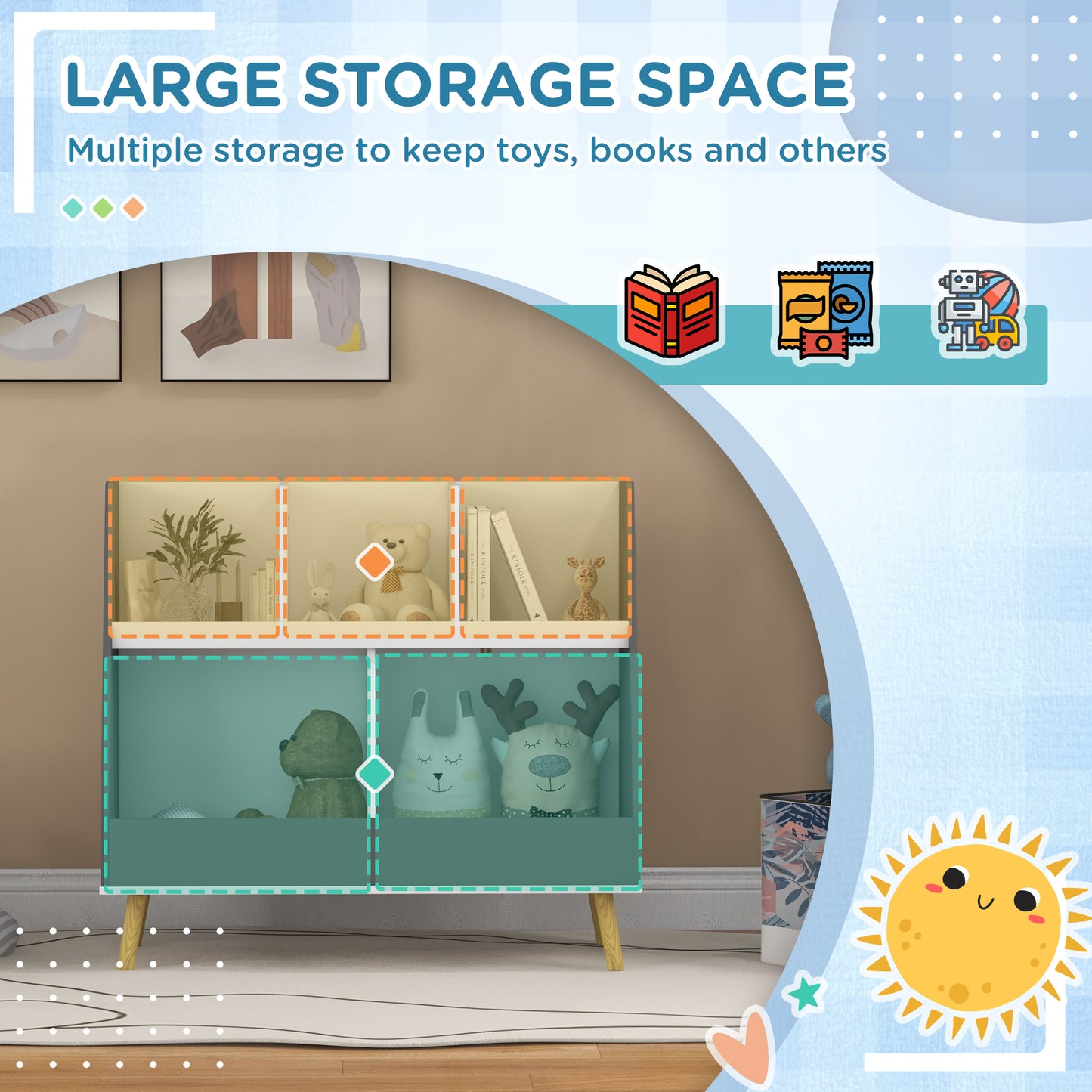 Qaba 2 Tier Kids Toy Storage Organizer with 5 Compartments, Anti-tip Device, for Nursery, Playroom, Grey