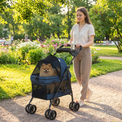 Foldable Pet Stroller for Small Dogs and Cats with 4 Wheels, Mesh Windows, Brake, Removable Pad, Storage Tray, Dark Blue