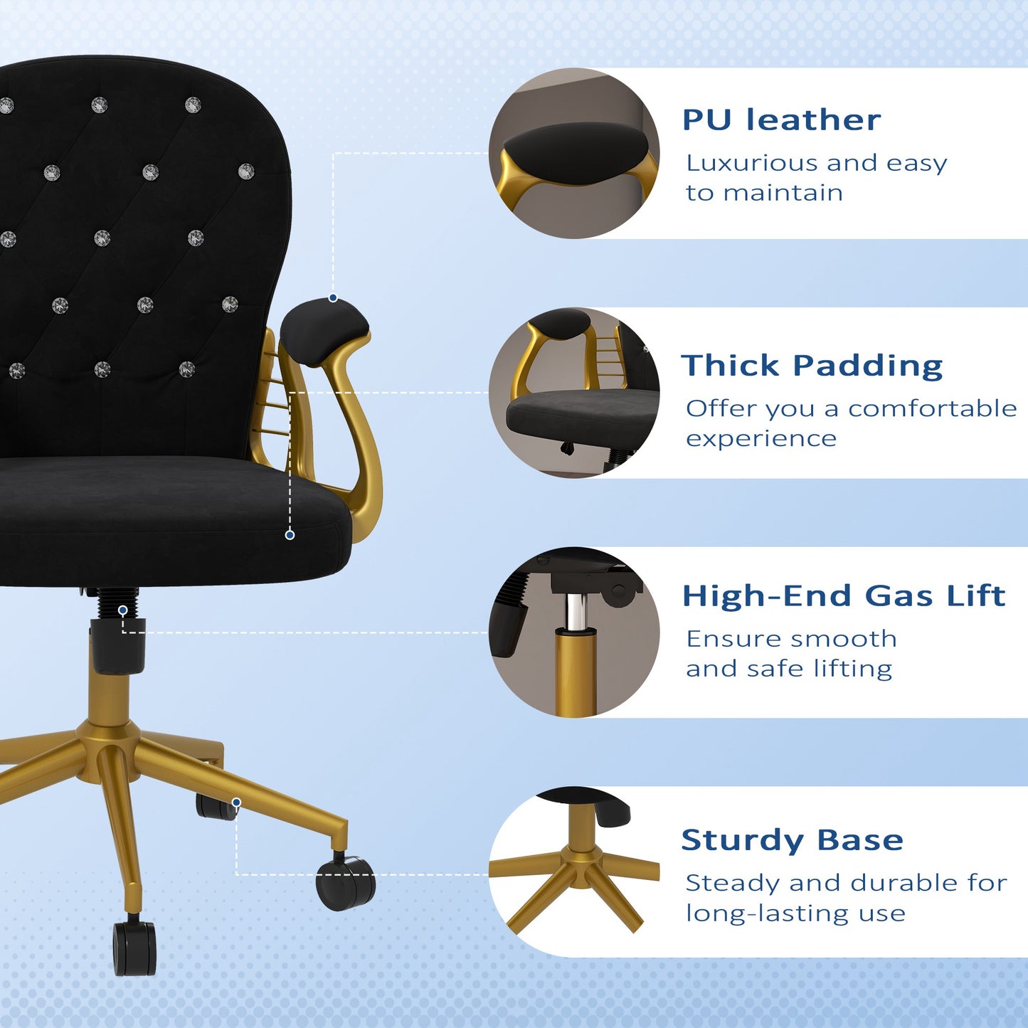Velvet Office Desk Chair Button Tufted Vanity Chair with Swivel Wheels, Adjustable Height and Tilt Function, Black