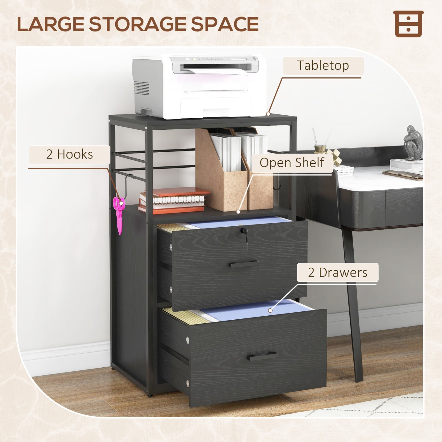 Lockable Filing Cabinet, 2 Drawer File Cabinet with Adjustable Hanging Bar for Letter, A4 and Legal Size, Black